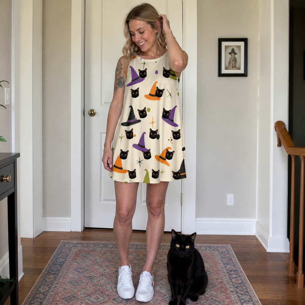 Full-length photo with the pet printed all over this Women's Hexed Headwear Custom Cat Face Tank Dress