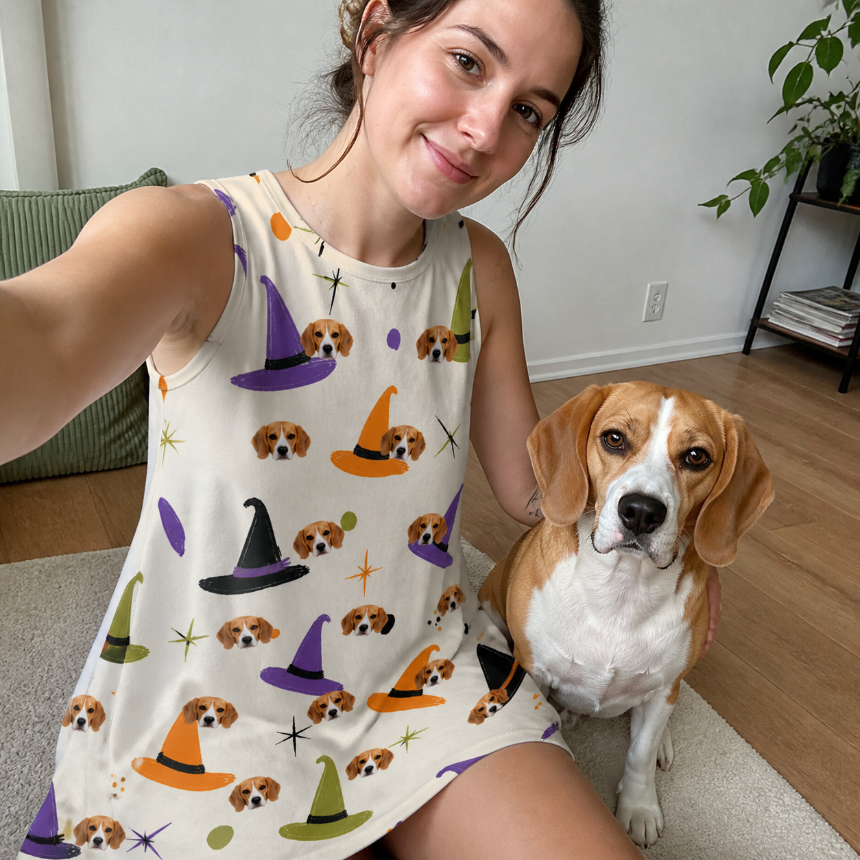 Selfie with the pet whose face is printed all over this Women's Hexed Headwear Custom Dog Face Tank Dress