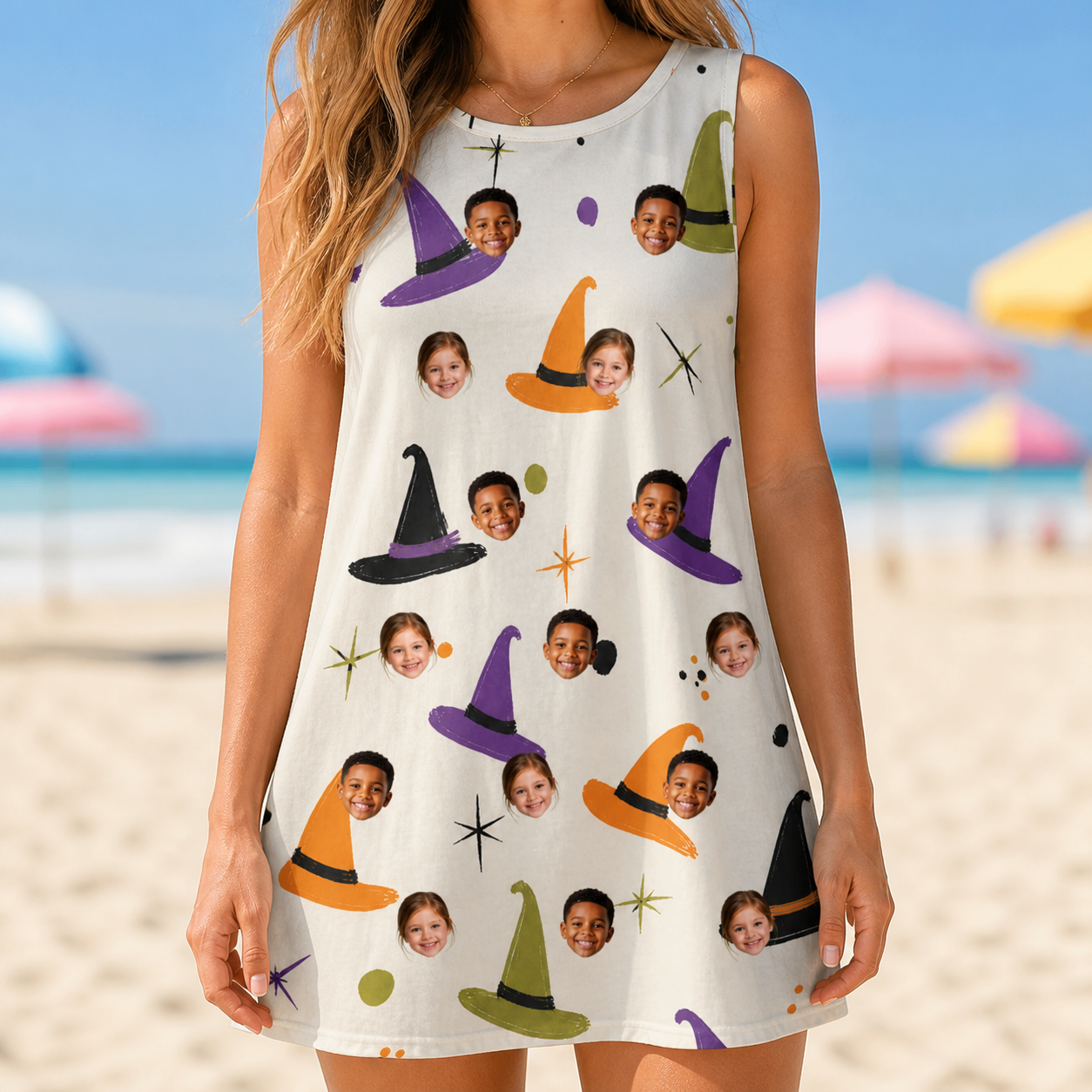 Model wearing Women's Hexed Headwear Custom Face Tank Dress printed with kids' faces
