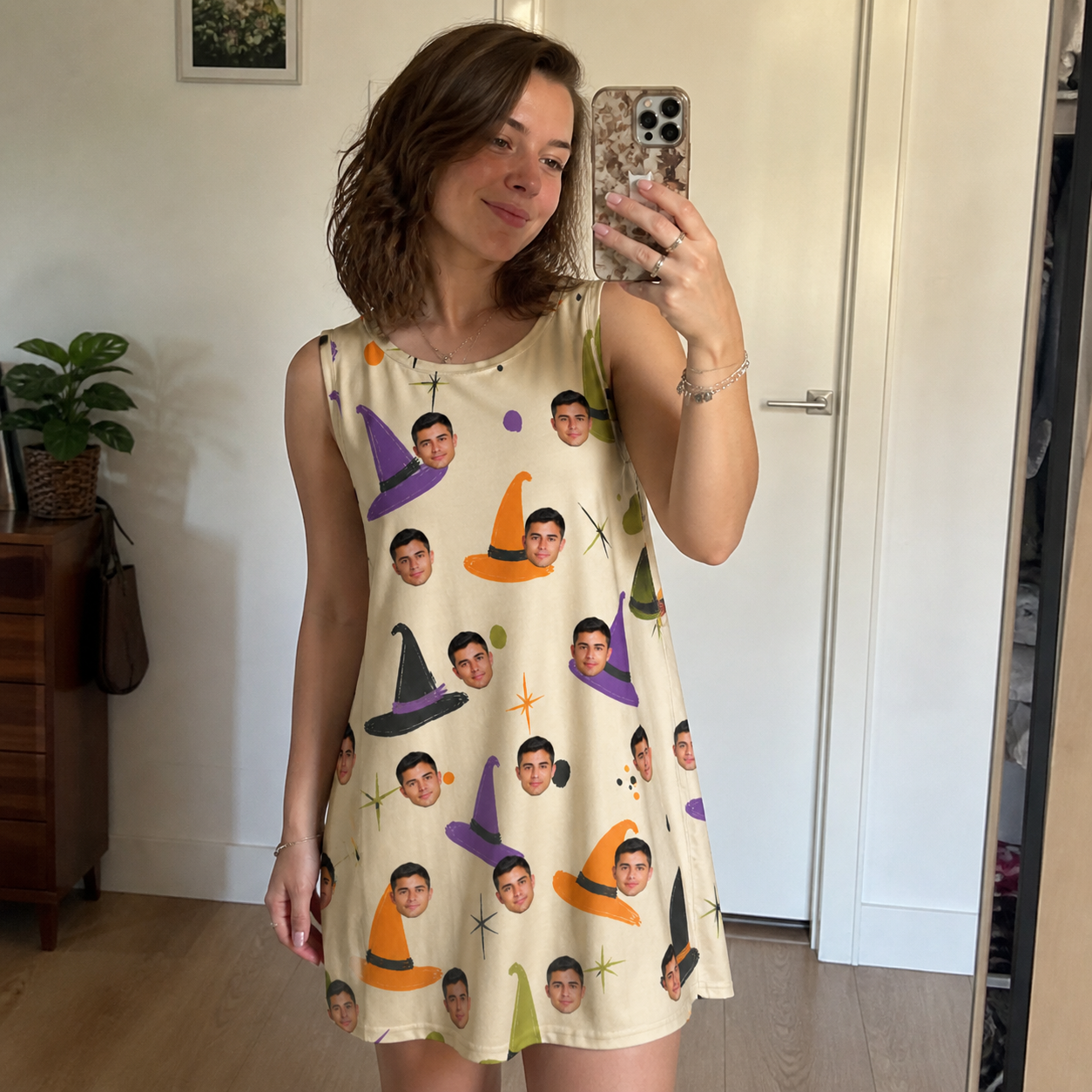 Real-life photo of someone wearing Women's Hexed Headwear Custom Face Tank Dress — custom faces printed all-over
