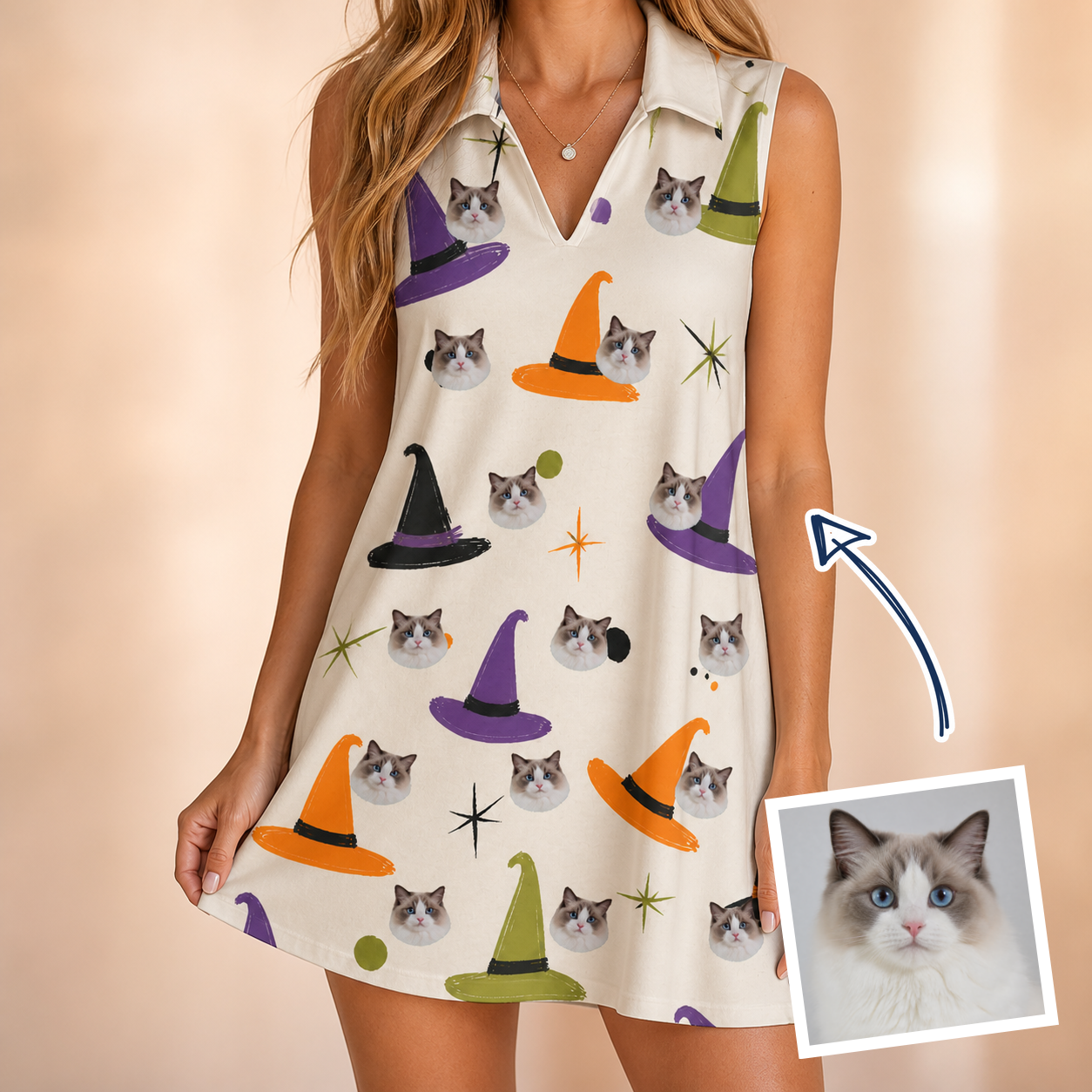Woman wearing Women's Hexed Headwear Custom Cat Face V-Neck Dress — custom faces printed all-over