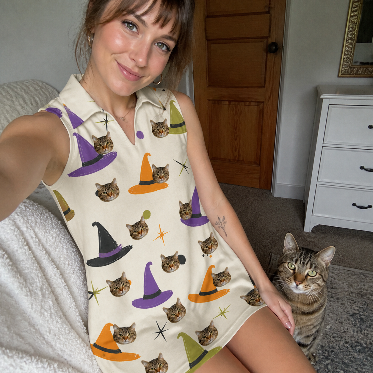 Selfie with the pet whose face is printed all over this Women's Hexed Headwear Custom Cat Face V-Neck Dress