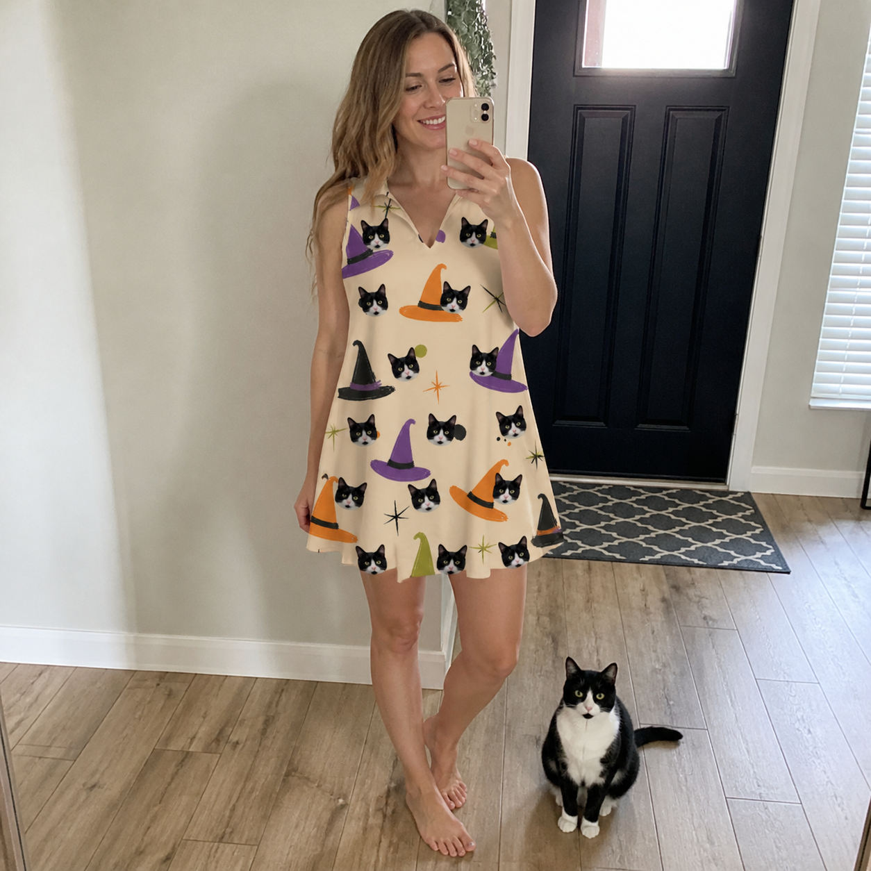 Full-length photo with the pet printed all over this Women's Hexed Headwear Custom Cat Face V-Neck Dress