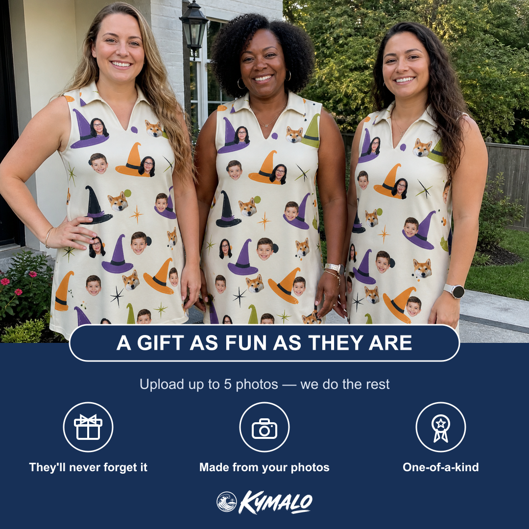 Friends in matching Women's Hexed Headwear Custom Face V-Neck Dress — a group gift photo