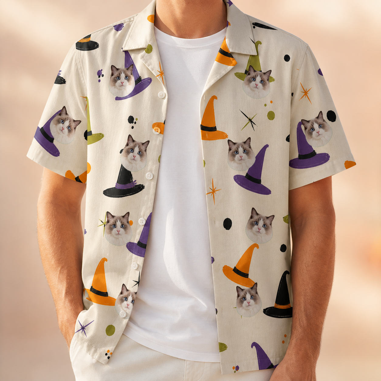 Man wearing Men's Hexed Headwear Custom Cat Face Hawaiian Shirt open over a white tee