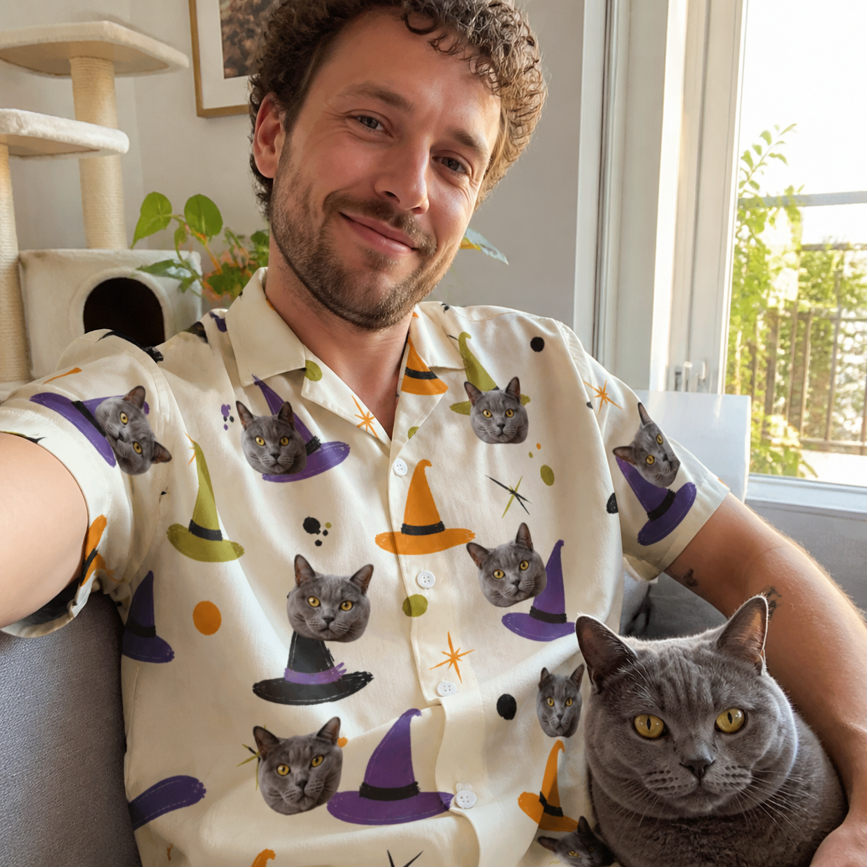 Selfie with the pet whose face is printed all over this Men's Hexed Headwear Custom Cat Face Hawaiian Shirt