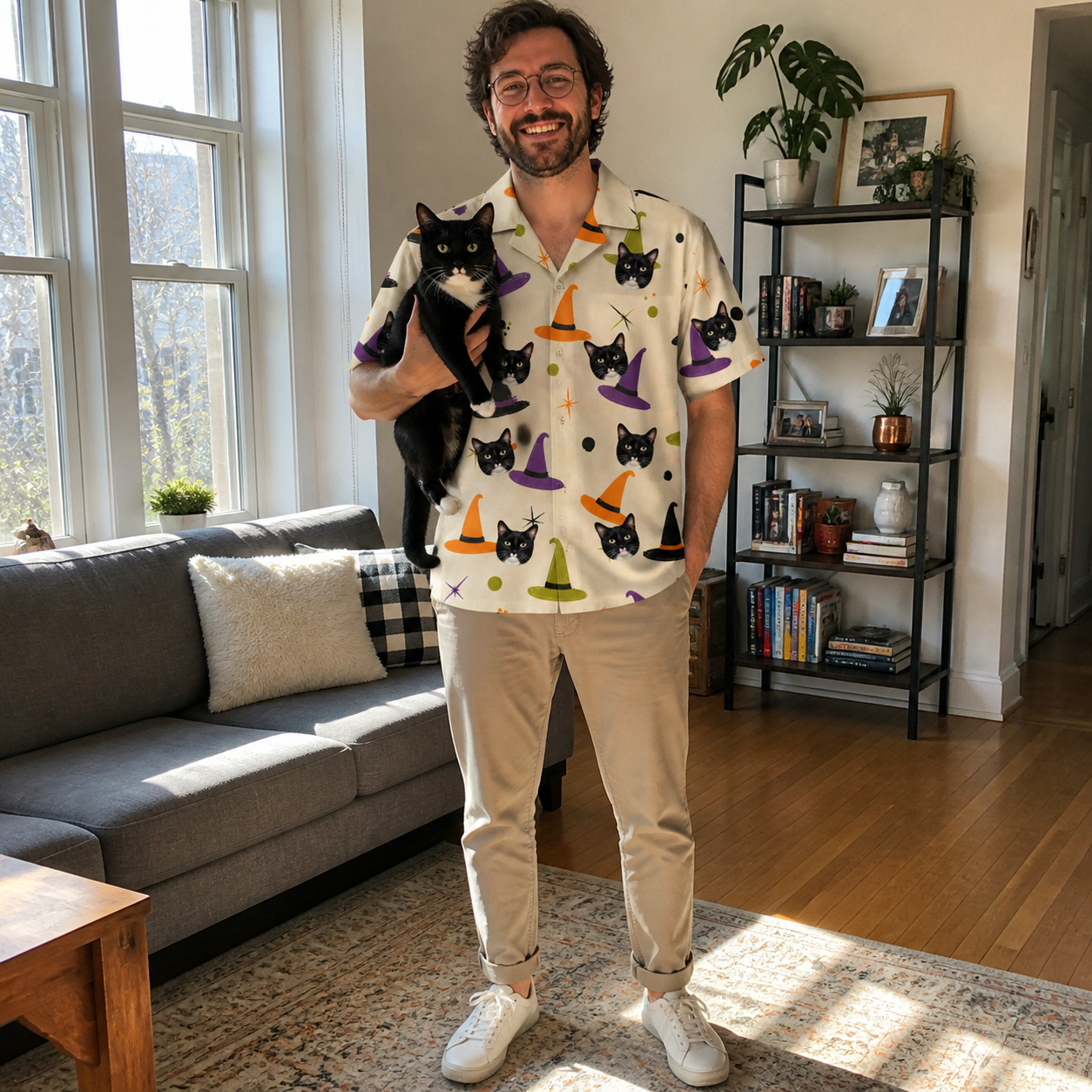 Full-length photo with the pet printed all over this Men's Hexed Headwear Custom Cat Face Hawaiian Shirt