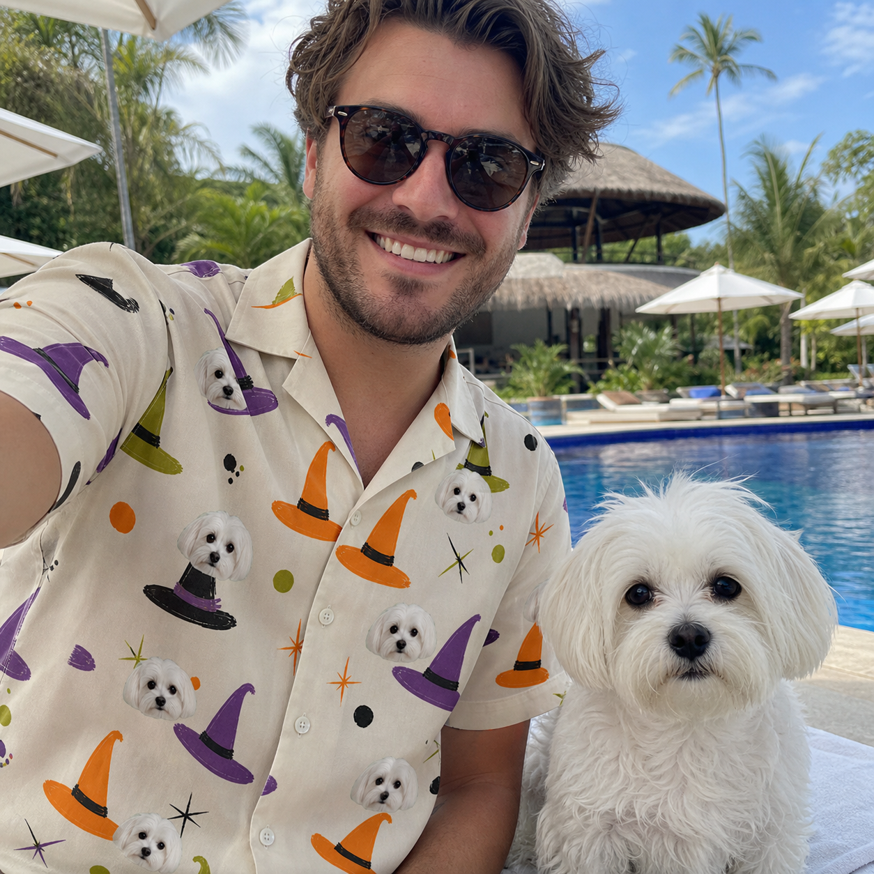 Selfie with the pet whose face is printed all over this Men's Hexed Headwear Custom Dog Face Hawaiian Shirt