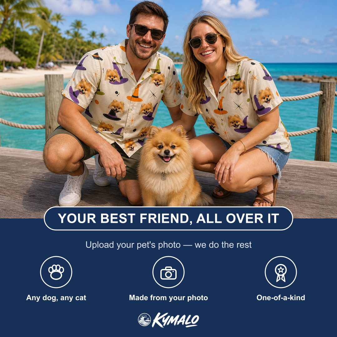 Friends in matching Men's Hexed Headwear Custom Dog Face Hawaiian Shirt — a group gift photo