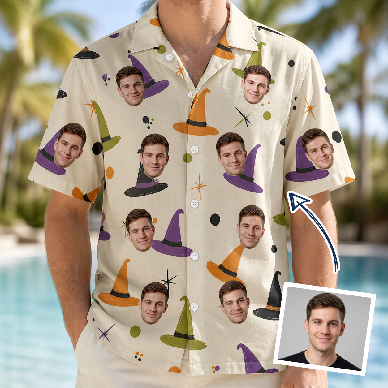 Man wearing Men's Hexed Headwear Custom Face Hawaiian Shirt — custom faces printed all-over