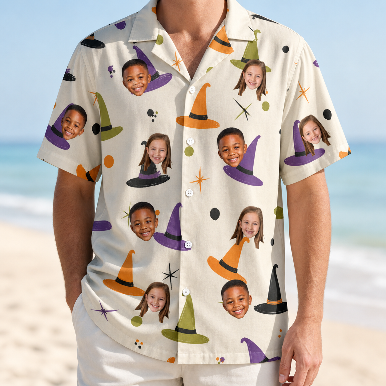 Model wearing Men's Hexed Headwear Custom Face Hawaiian Shirt printed with kids' faces