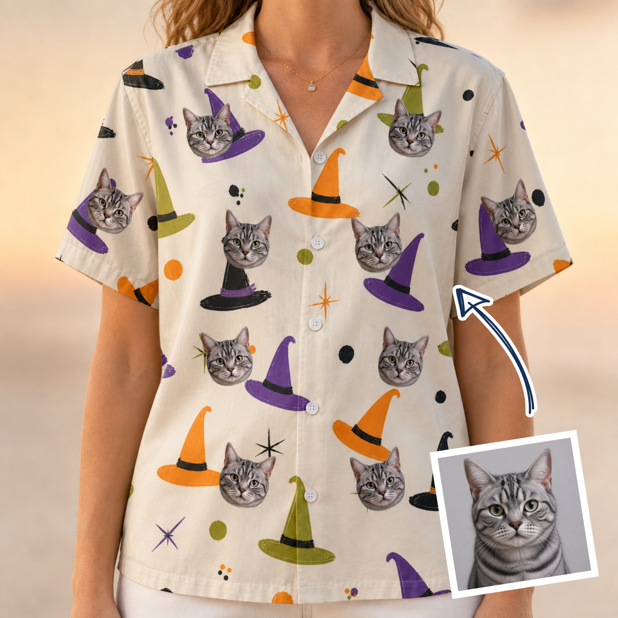 Woman wearing Women's Hexed Headwear Custom Cat Face Hawaiian Shirt — custom faces printed all-over