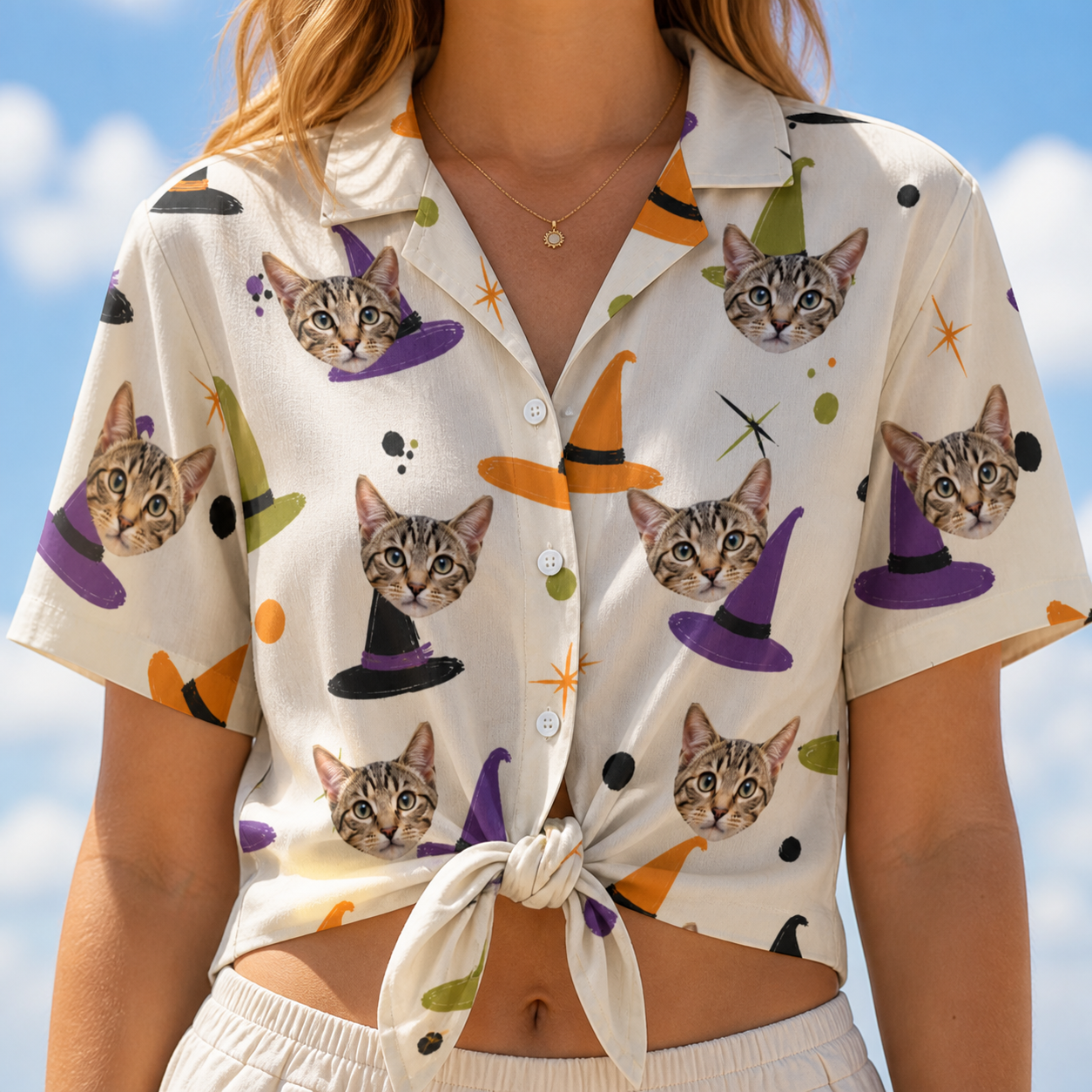 Woman wearing Women's Hexed Headwear Custom Cat Face Hawaiian Shirt tied at the waist