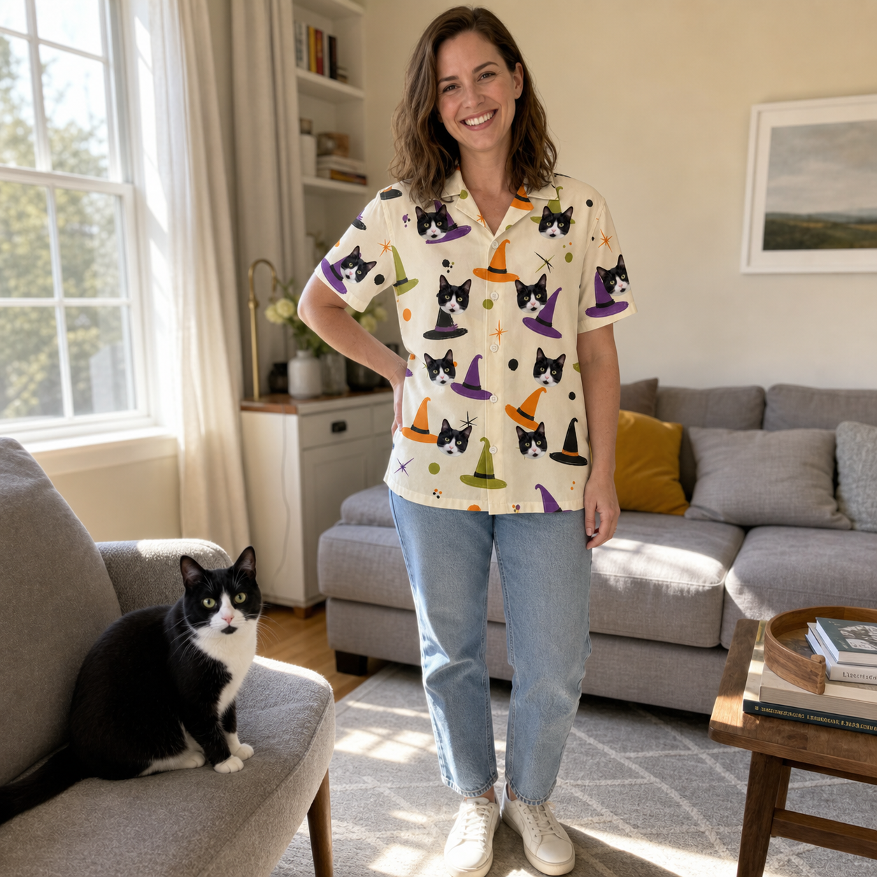 Full-length photo with the pet printed all over this Women's Hexed Headwear Custom Cat Face Hawaiian Shirt