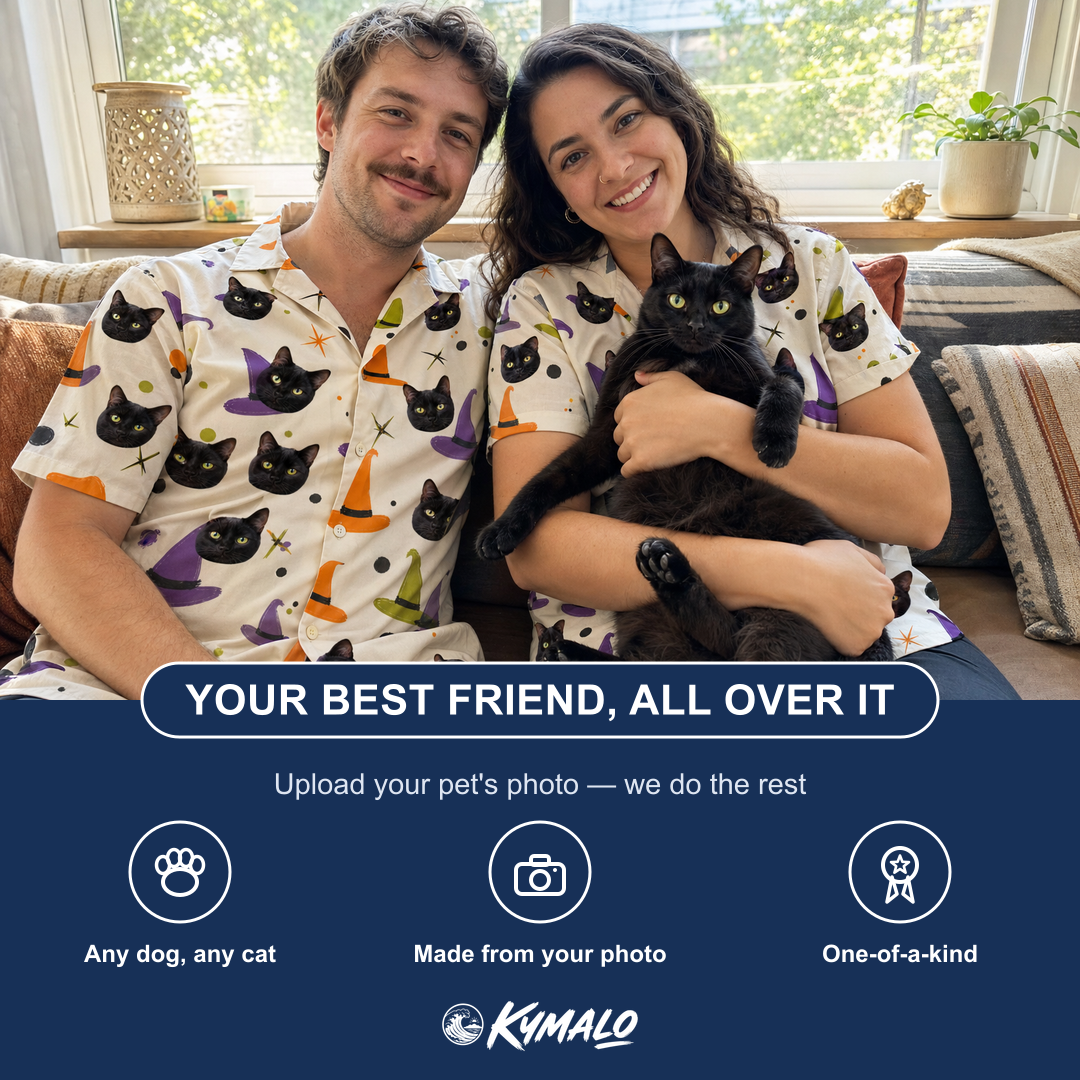 Friends in matching Women's Hexed Headwear Custom Cat Face Hawaiian Shirt — a group gift photo