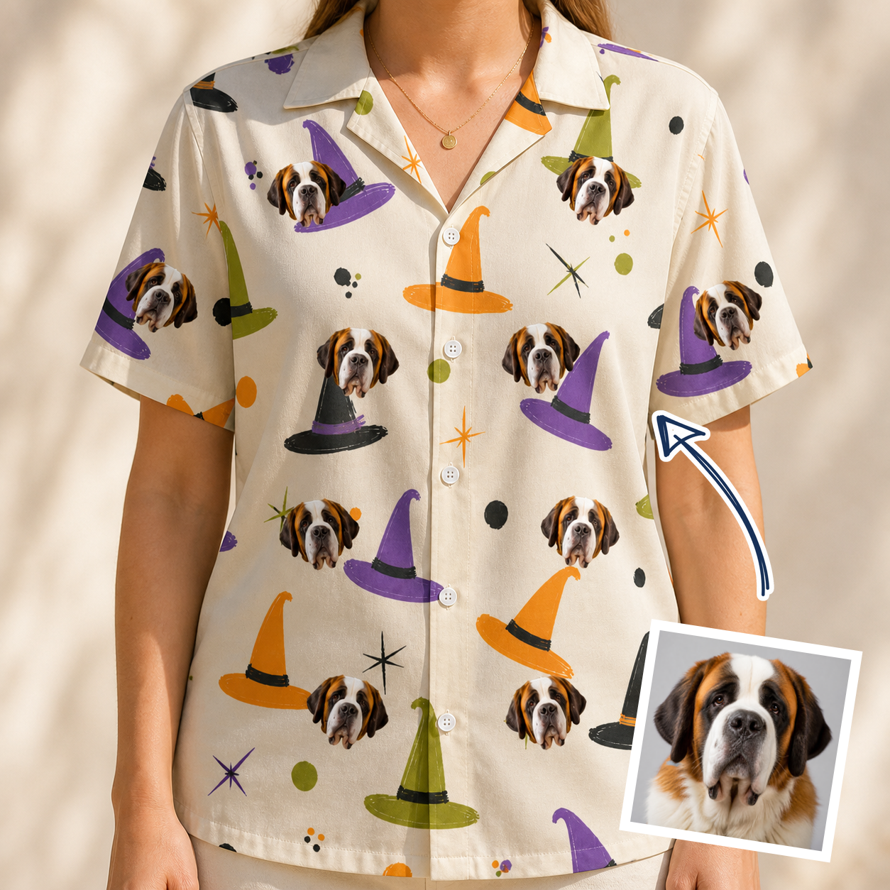Woman wearing Women's Hexed Headwear Custom Dog Face Hawaiian Shirt — custom faces printed all-over