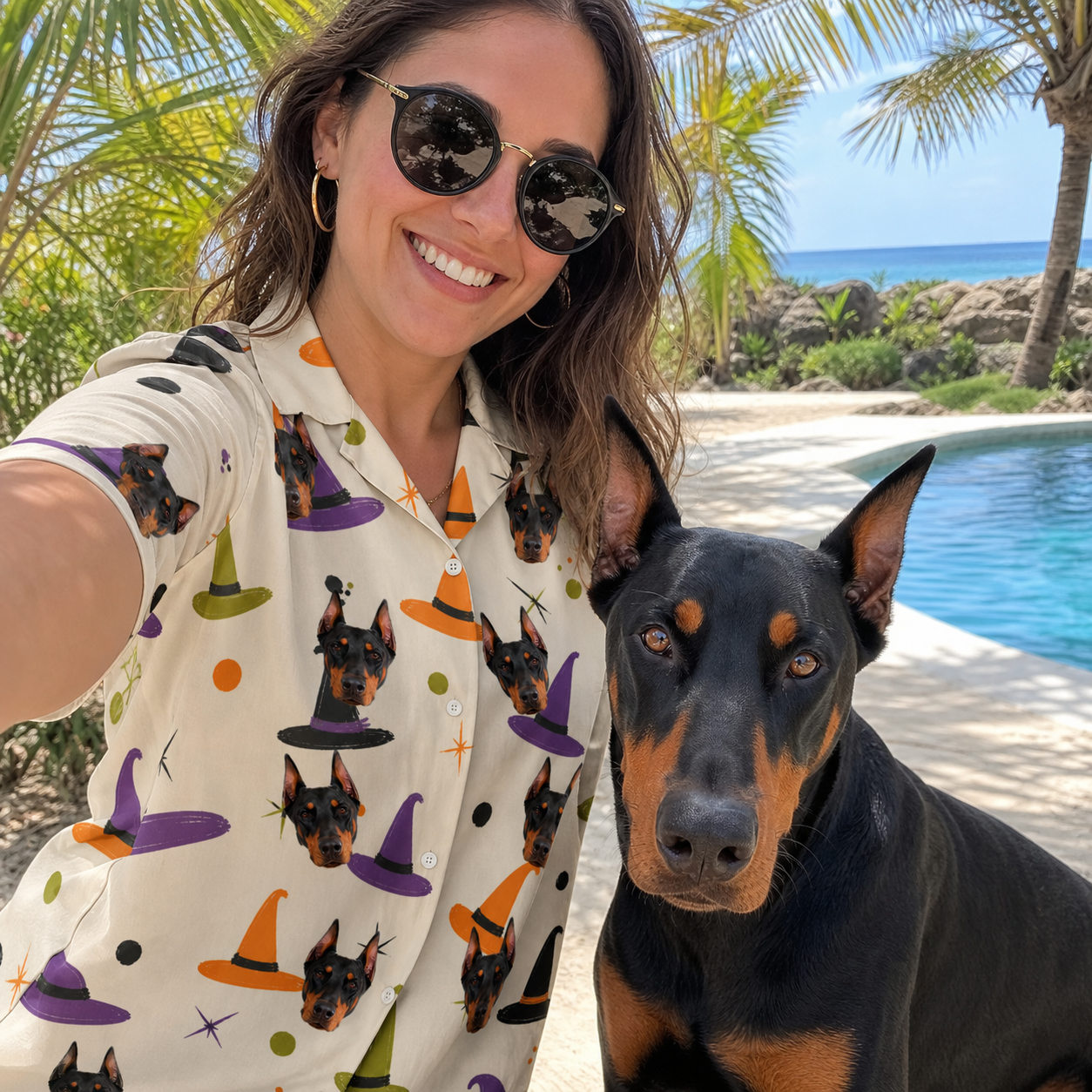 Selfie with the pet whose face is printed all over this Women's Hexed Headwear Custom Dog Face Hawaiian Shirt