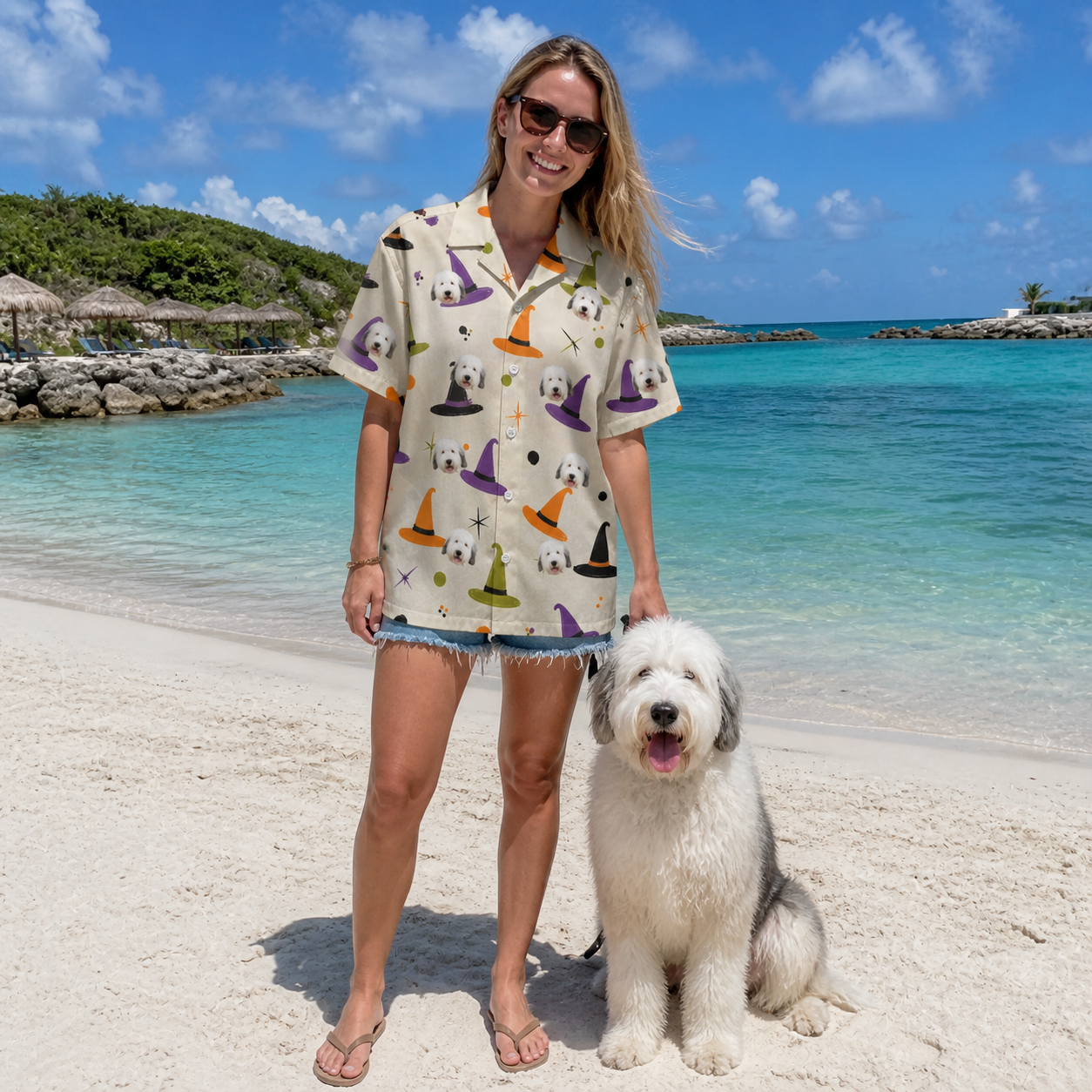 Full-length photo with the pet printed all over this Women's Hexed Headwear Custom Dog Face Hawaiian Shirt