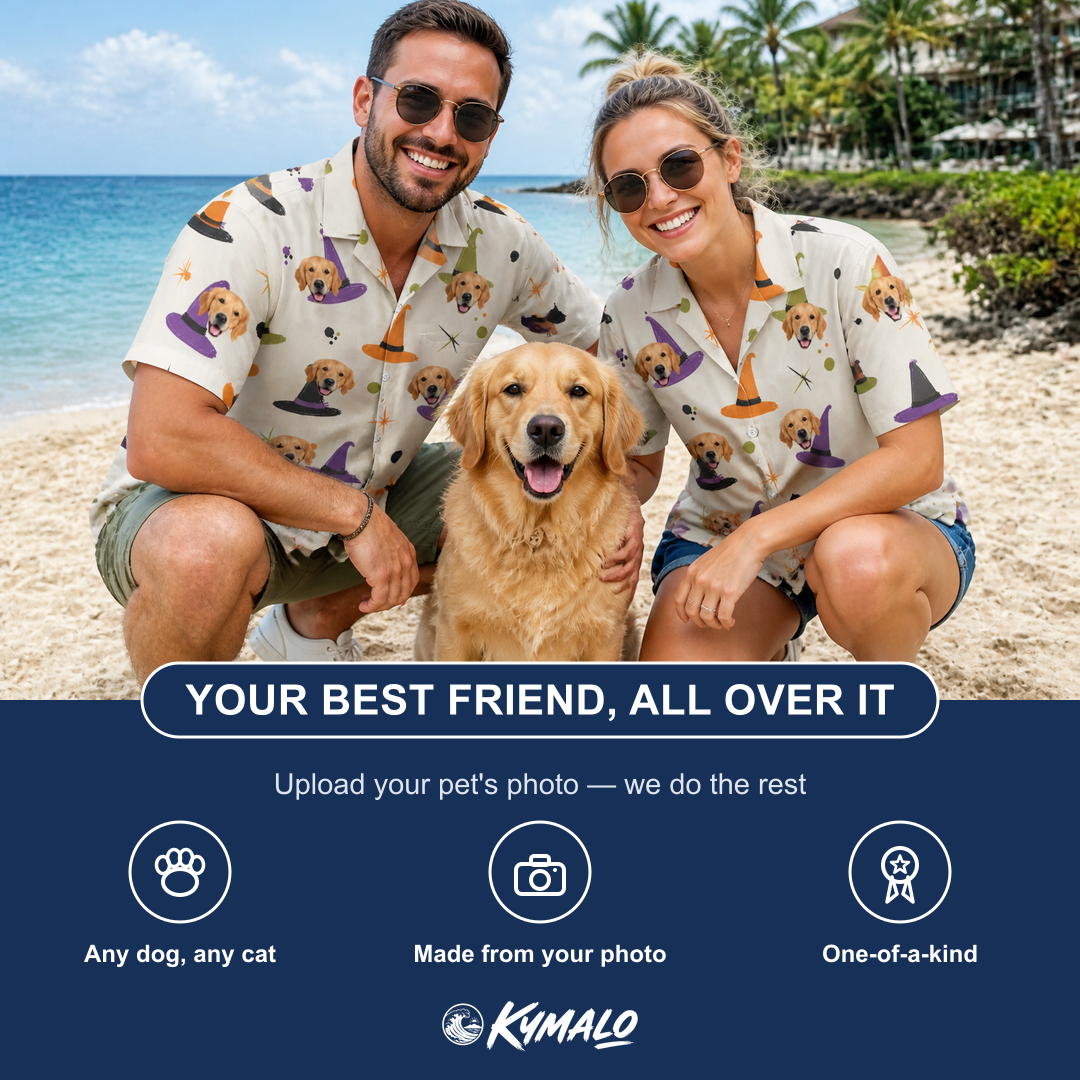 Friends in matching Women's Hexed Headwear Custom Dog Face Hawaiian Shirt — a group gift photo