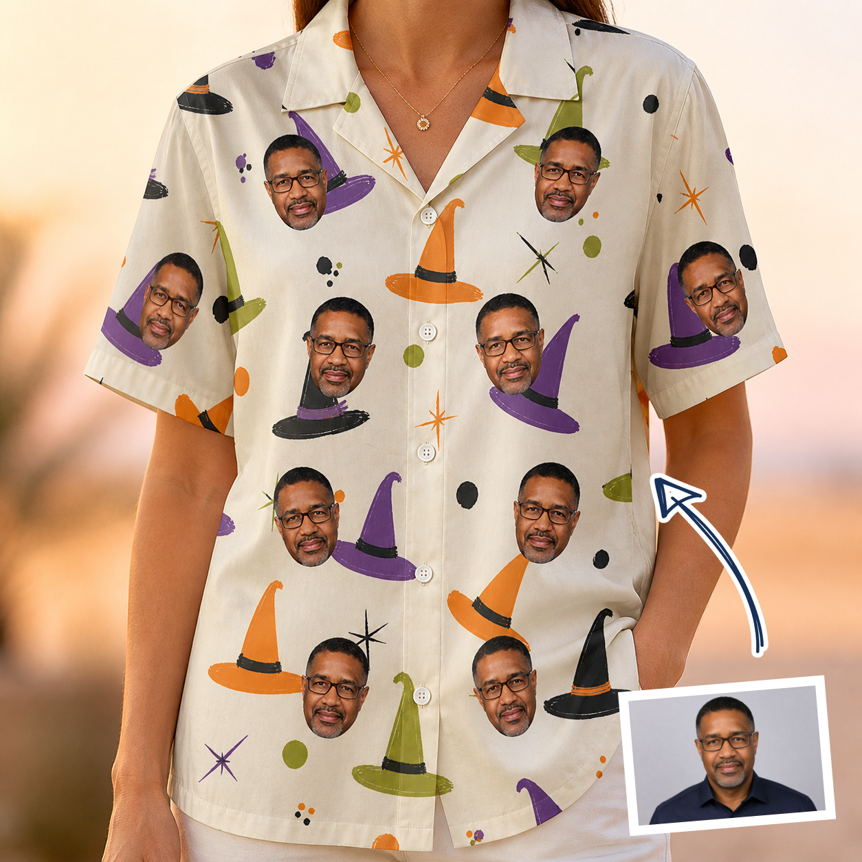 Woman wearing Women's Hexed Headwear Custom Face Hawaiian Shirt — custom faces printed all-over