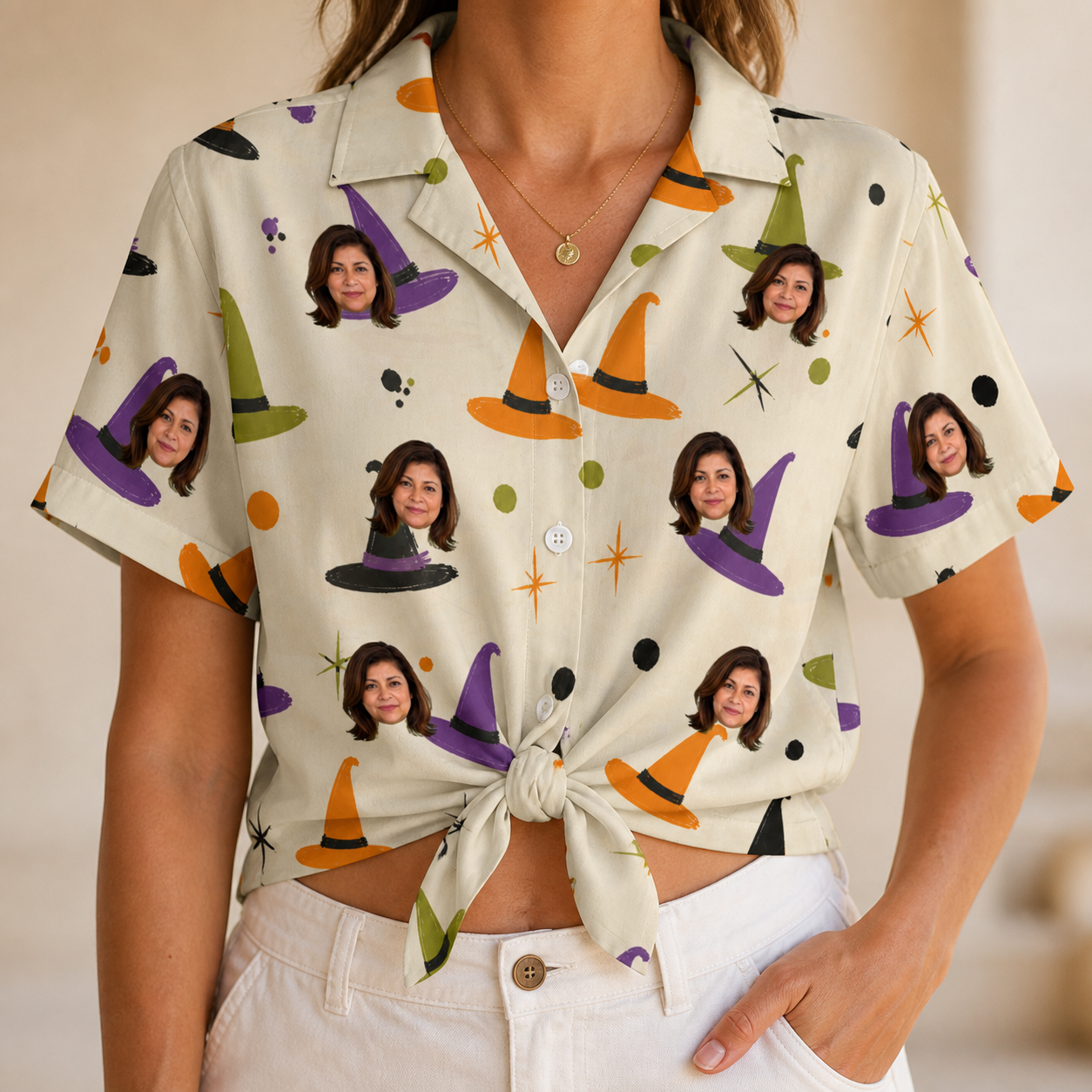 Woman wearing Women's Hexed Headwear Custom Face Hawaiian Shirt tied at the waist