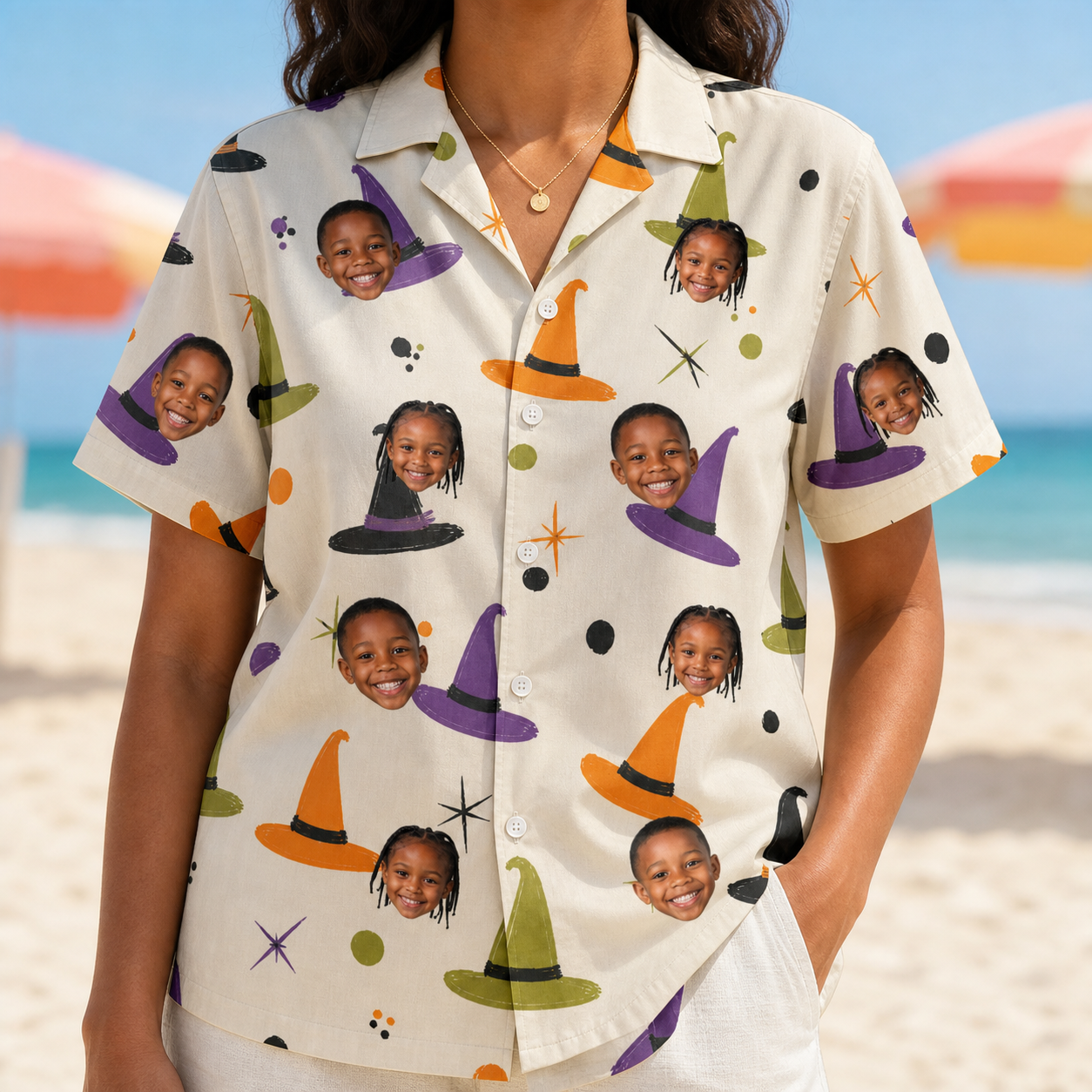 Model wearing Women's Hexed Headwear Custom Face Hawaiian Shirt printed with kids' faces
