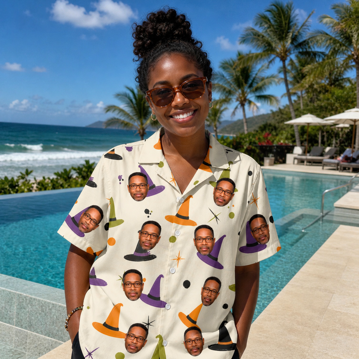 Real-life photo of someone wearing Women's Hexed Headwear Custom Face Hawaiian Shirt — custom faces printed all-over
