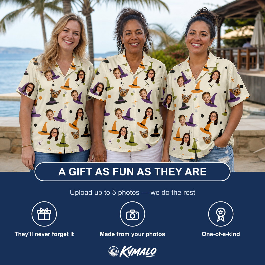 Friends in matching Women's Hexed Headwear Custom Face Hawaiian Shirt — a group gift photo
