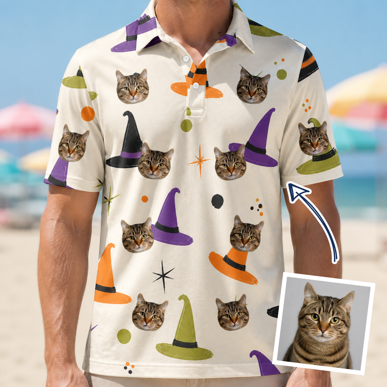Man wearing Men's Hexed Headwear Custom Cat Face Polo Shirt — custom faces printed all-over