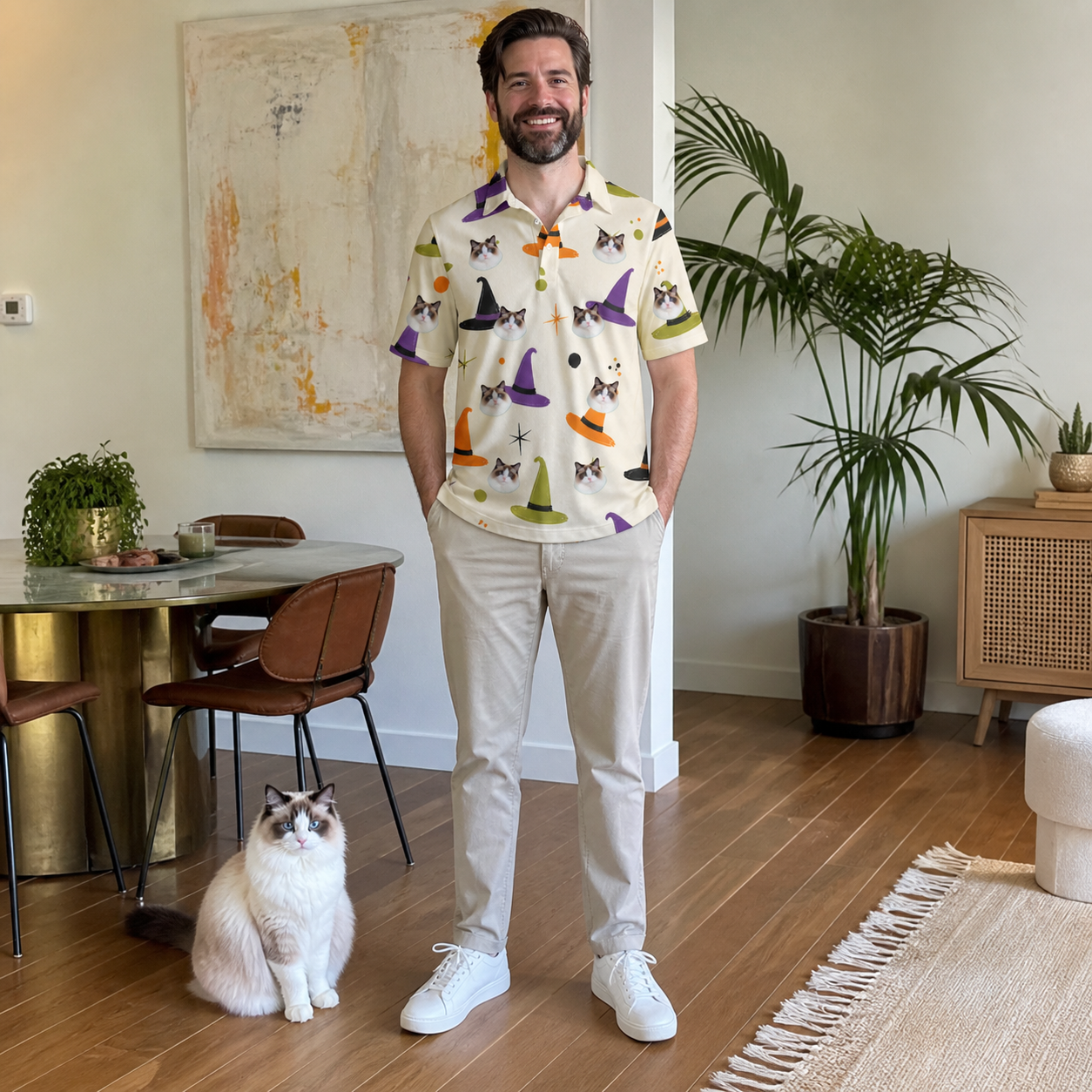Full-length photo with the pet printed all over this Men's Hexed Headwear Custom Cat Face Polo Shirt