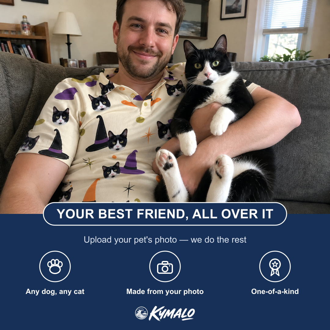 Friends in matching Men's Hexed Headwear Custom Cat Face Polo Shirt — a group gift photo