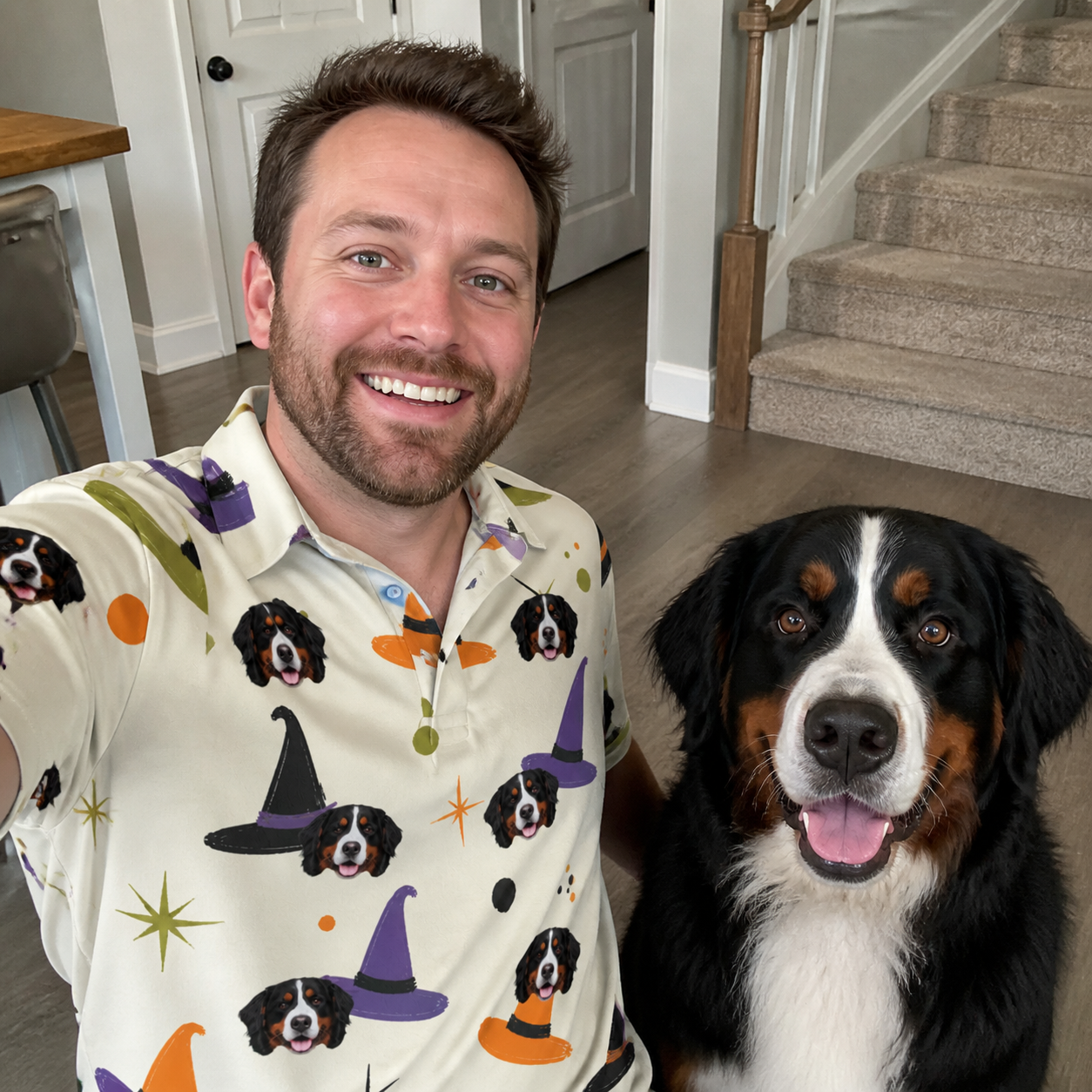 Selfie with the pet whose face is printed all over this Men's Hexed Headwear Custom Dog Face Polo Shirt