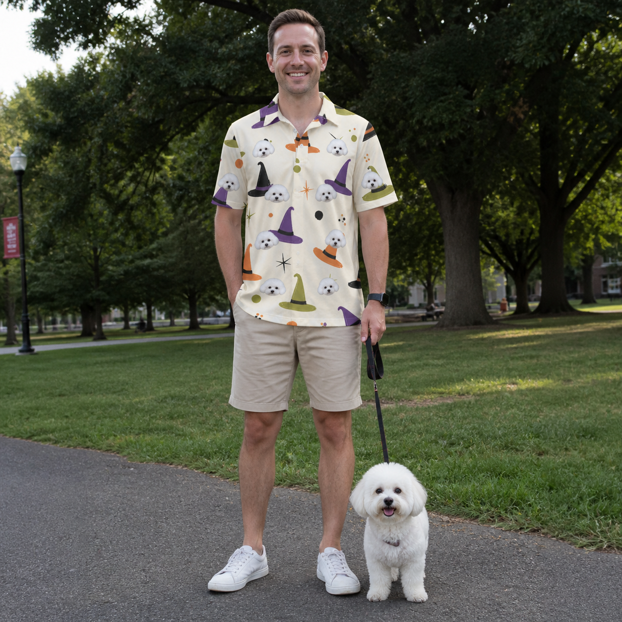 Full-length photo with the pet printed all over this Men's Hexed Headwear Custom Dog Face Polo Shirt