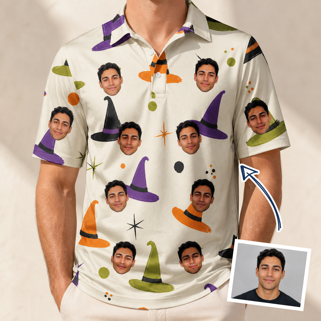 Man wearing Men's Hexed Headwear Custom Face Polo Shirt — custom faces printed all-over