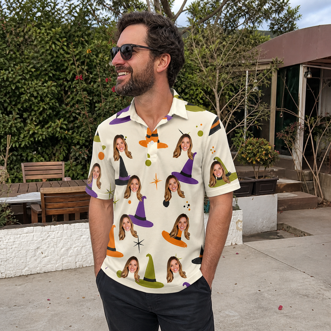 Real-life photo of someone wearing Men's Hexed Headwear Custom Face Polo Shirt — custom faces printed all-over