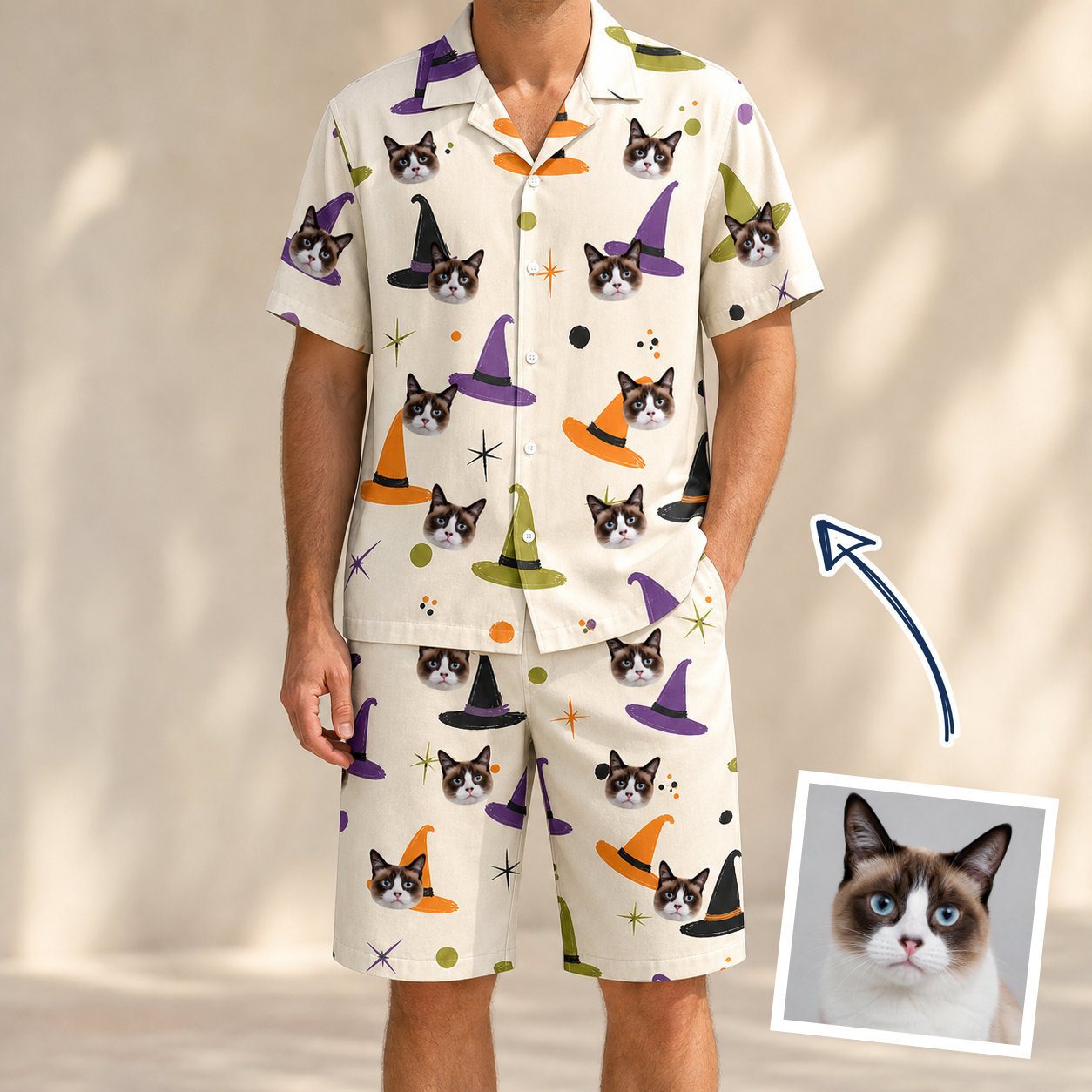 Man wearing Men's Hexed Headwear Custom Cat Face Shirt & Shorts Set — custom faces printed all-over