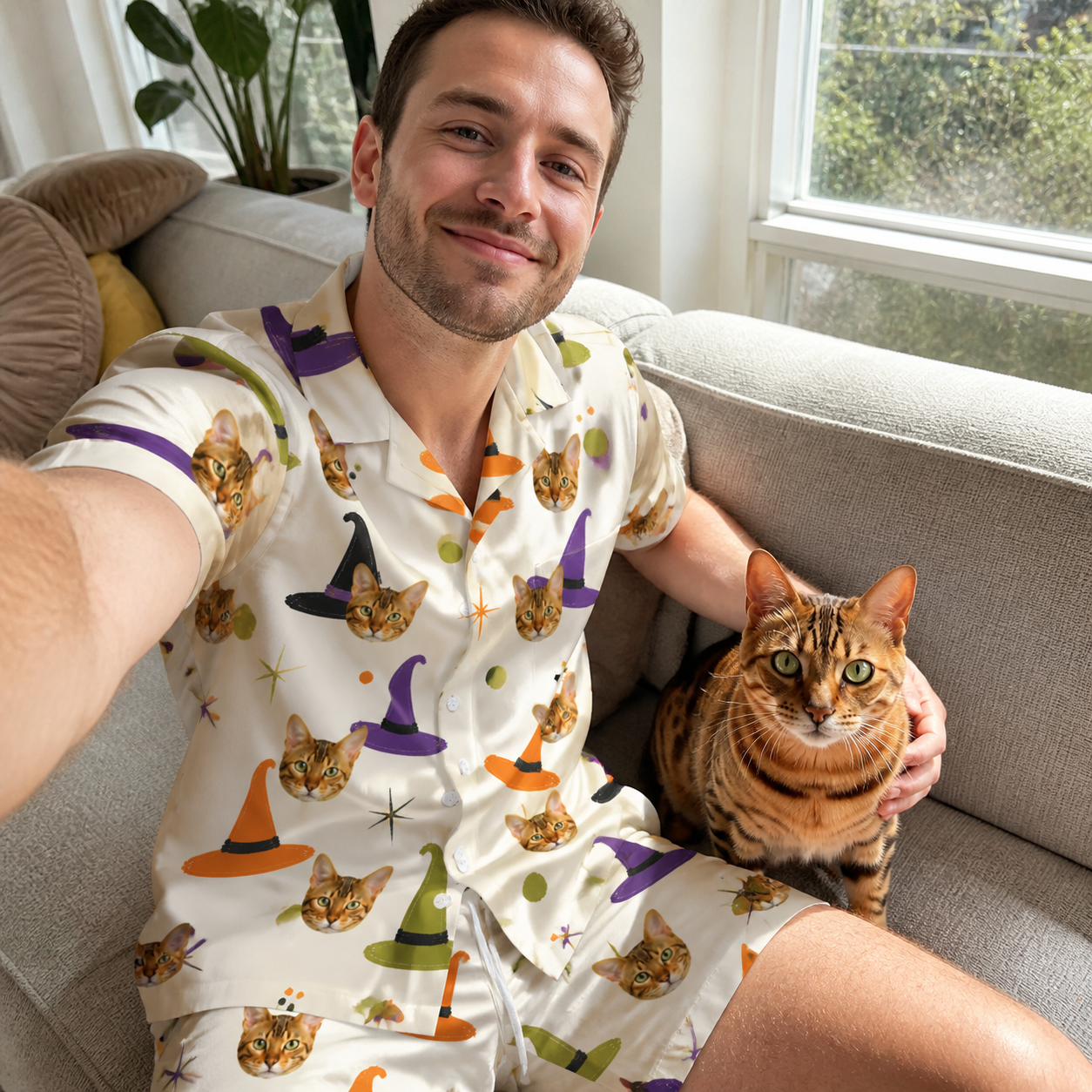 Selfie with the pet whose face is printed all over this Men's Hexed Headwear Custom Cat Face Shirt & Shorts Set