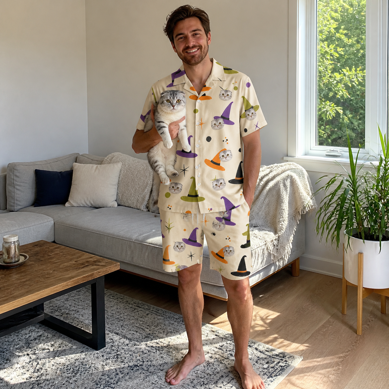 Full-length photo with the pet printed all over this Men's Hexed Headwear Custom Cat Face Shirt & Shorts Set