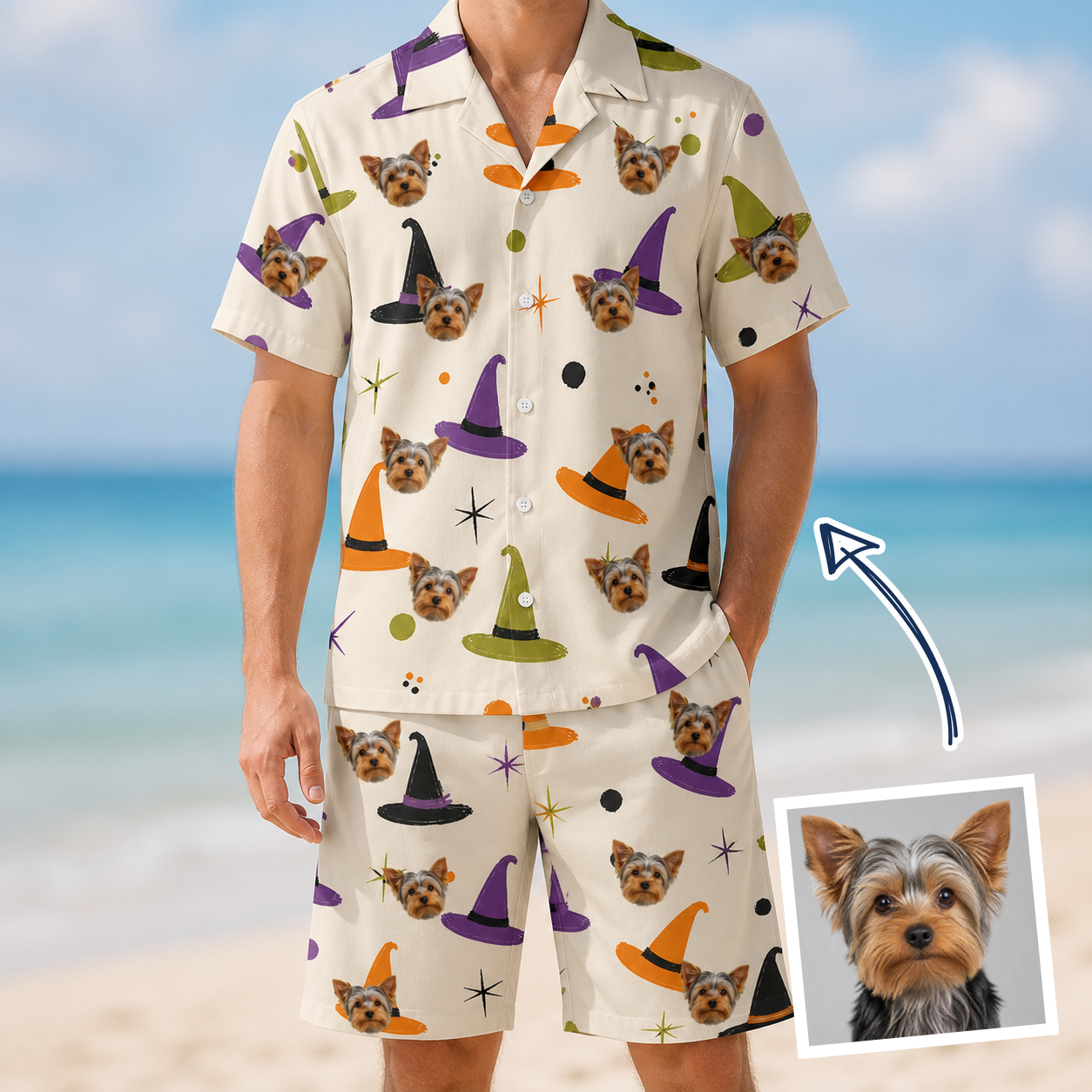 Man wearing Men's Hexed Headwear Custom Dog Face Shirt & Shorts Set — custom faces printed all-over