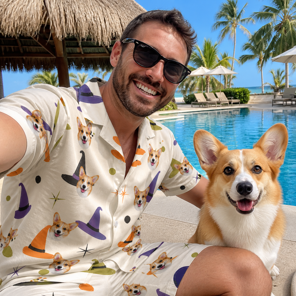 Selfie with the pet whose face is printed all over this Men's Hexed Headwear Custom Dog Face Shirt & Shorts Set