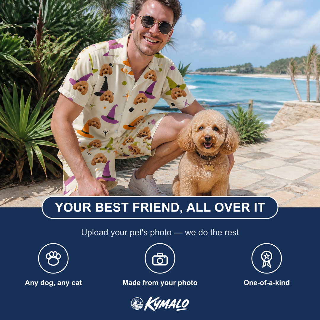 Friends in matching Men's Hexed Headwear Custom Dog Face Shirt & Shorts Set — a group gift photo