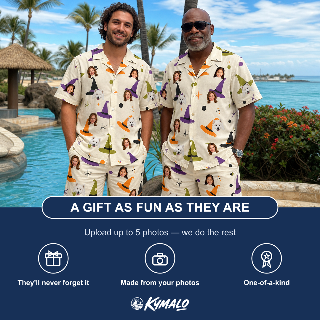 Friends in matching Men's Hexed Headwear Custom Face Shirt & Shorts Set — a group gift photo