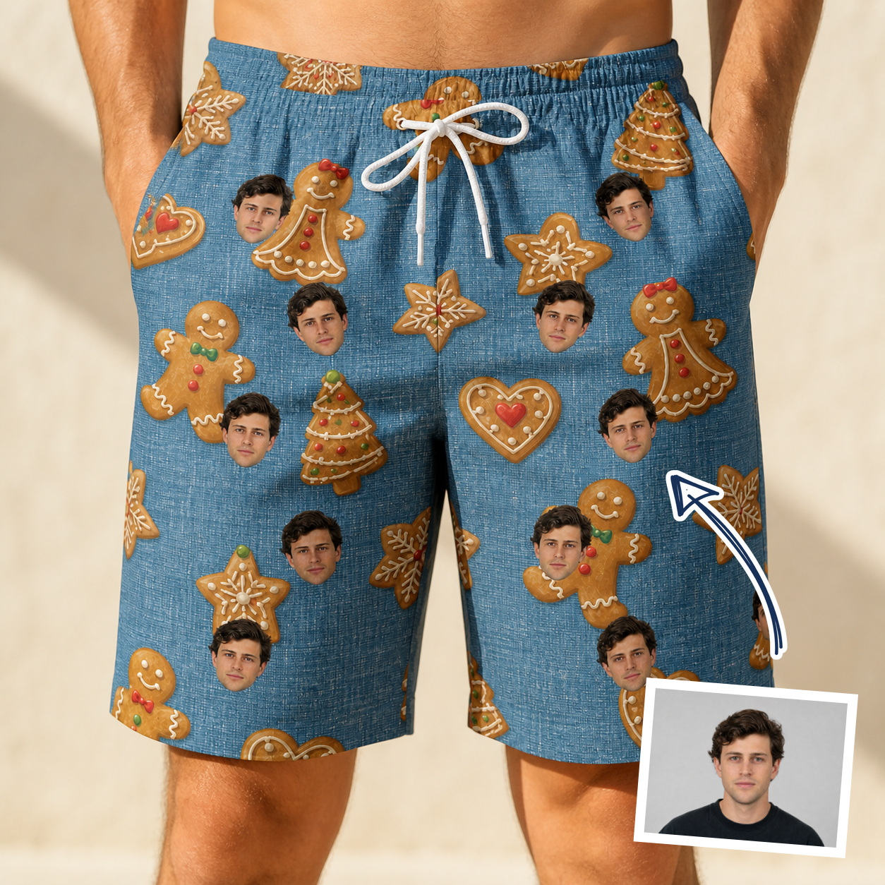 Man wearing Men's Cinnamon Capers Custom Face Beach Shorts — custom faces printed all-over