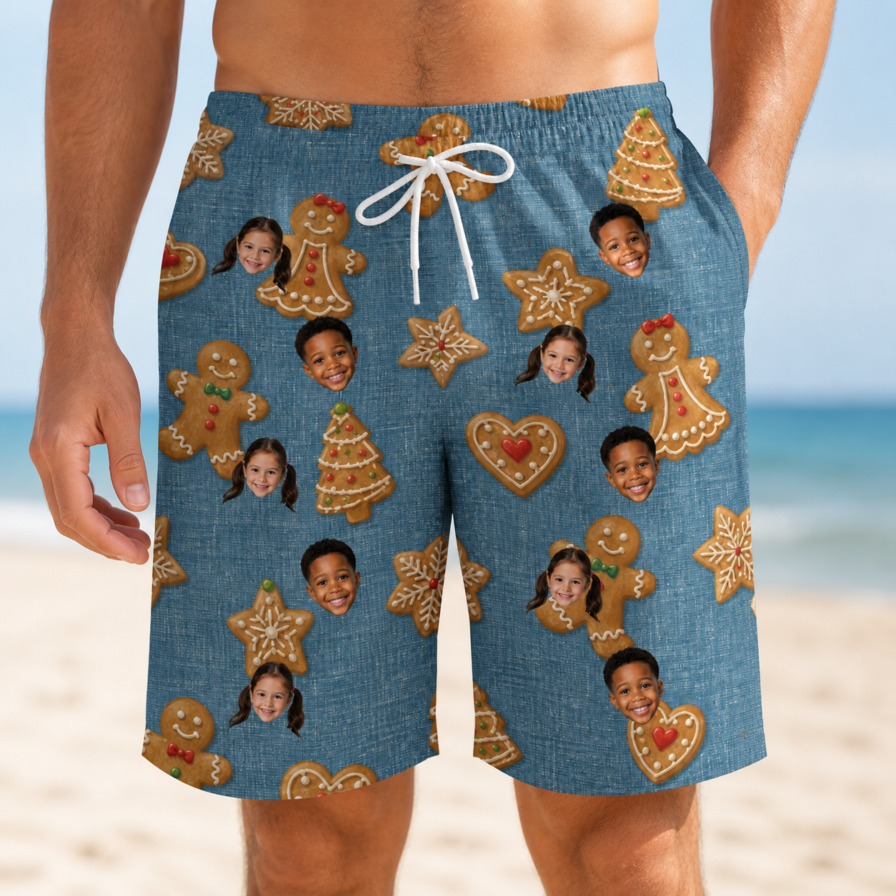 Model wearing Men's Cinnamon Capers Custom Face Beach Shorts printed with kids' faces
