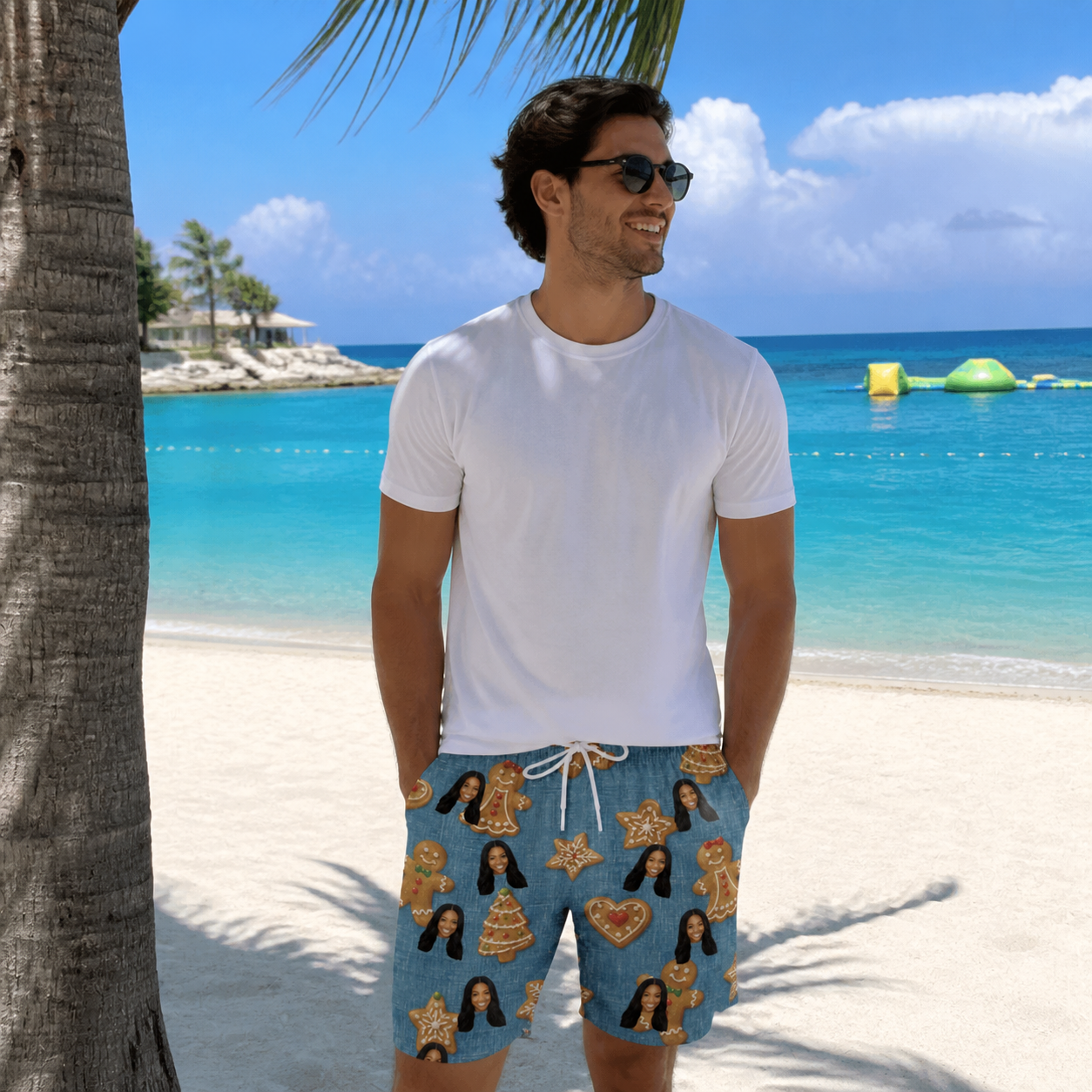 Real-life photo of someone wearing Men's Cinnamon Capers Custom Face Beach Shorts — custom faces printed all-over