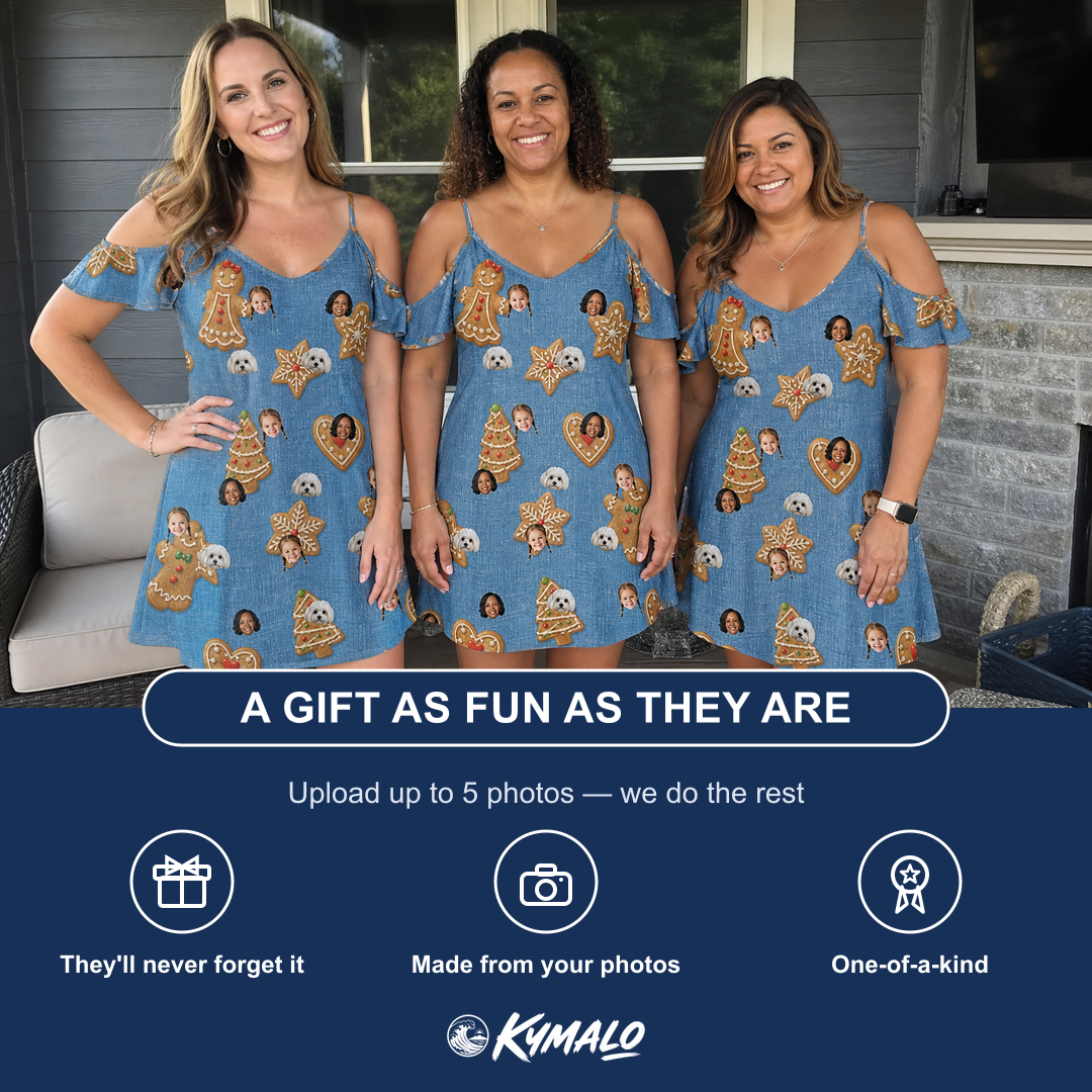 Friends in matching Women's Cinnamon Capers Custom Face Off-Shoulder Dress — a group gift photo