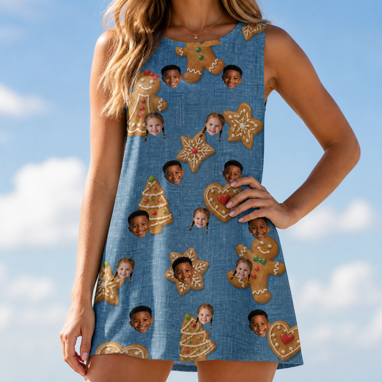 Model wearing Women's Cinnamon Capers Custom Face Tank Dress printed with kids' faces