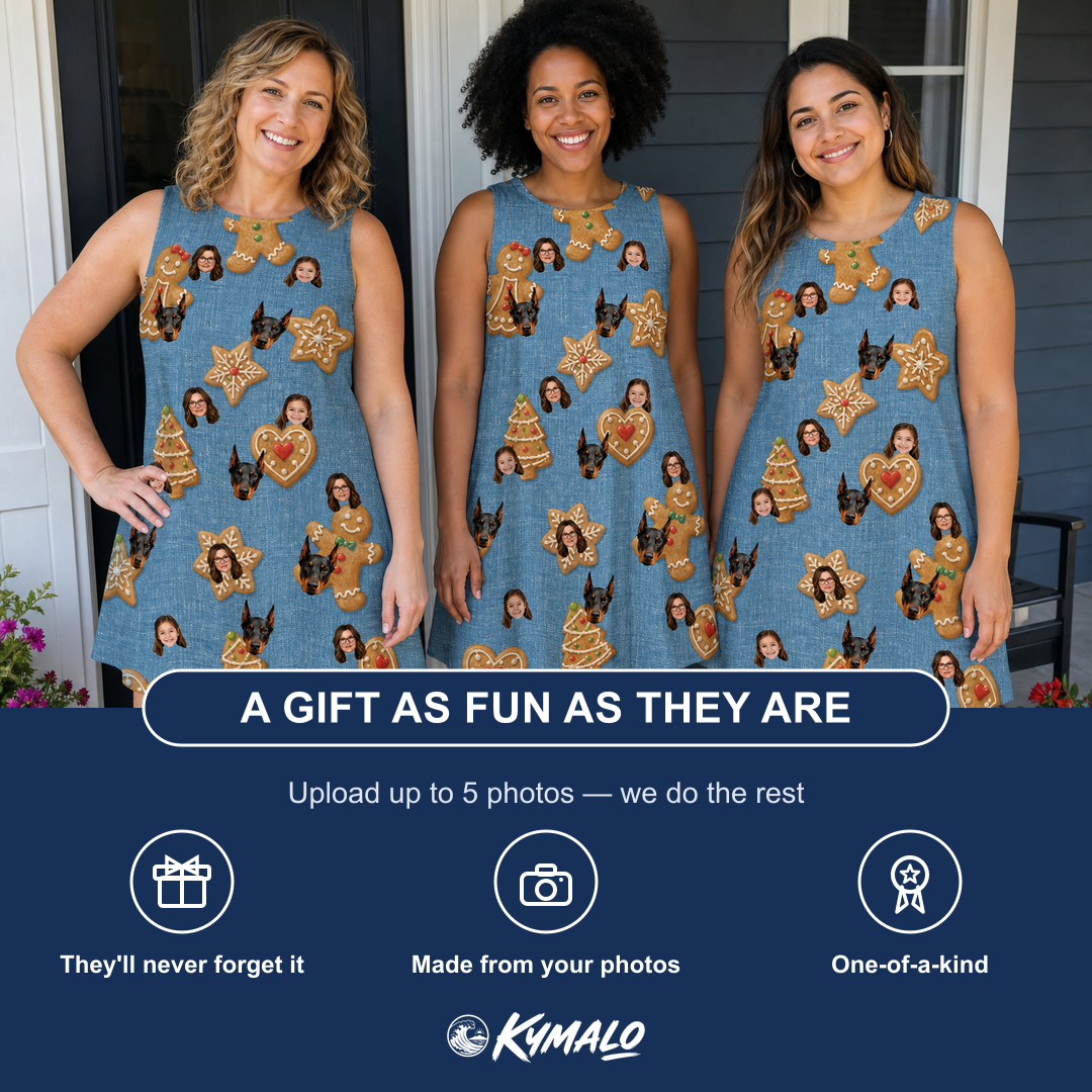 Friends in matching Women's Cinnamon Capers Custom Face Tank Dress — a group gift photo