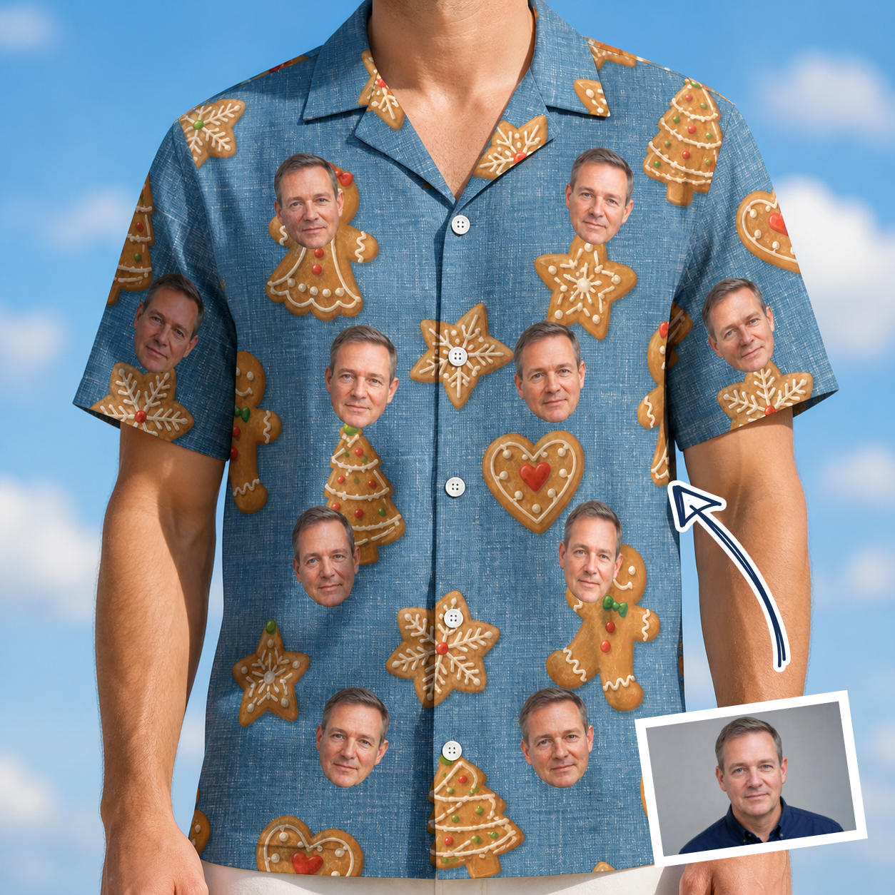 Man wearing Men's Cinnamon Capers Custom Face Hawaiian Shirt — custom faces printed all-over