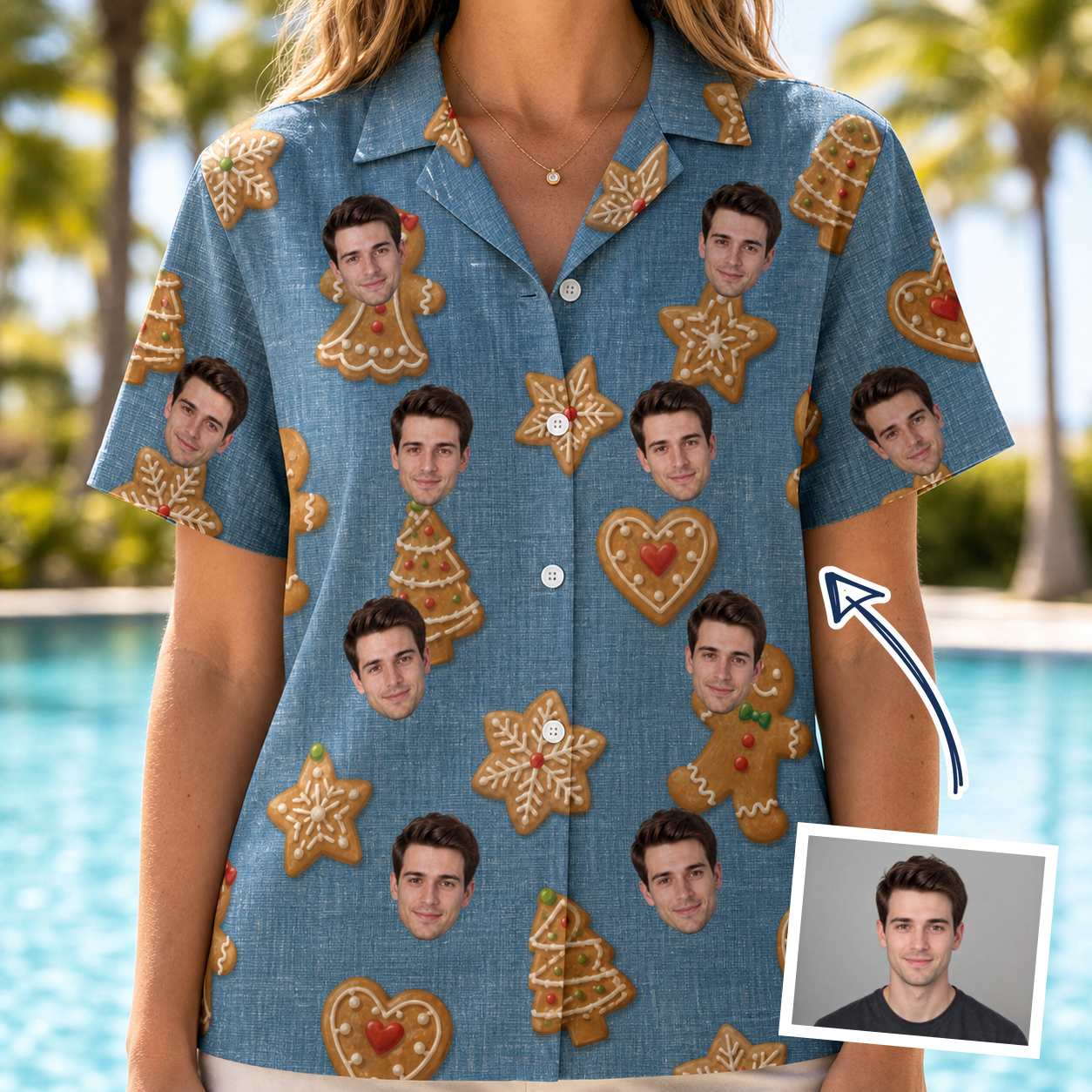Woman wearing Women's Cinnamon Capers Custom Face Hawaiian Shirt — custom faces printed all-over